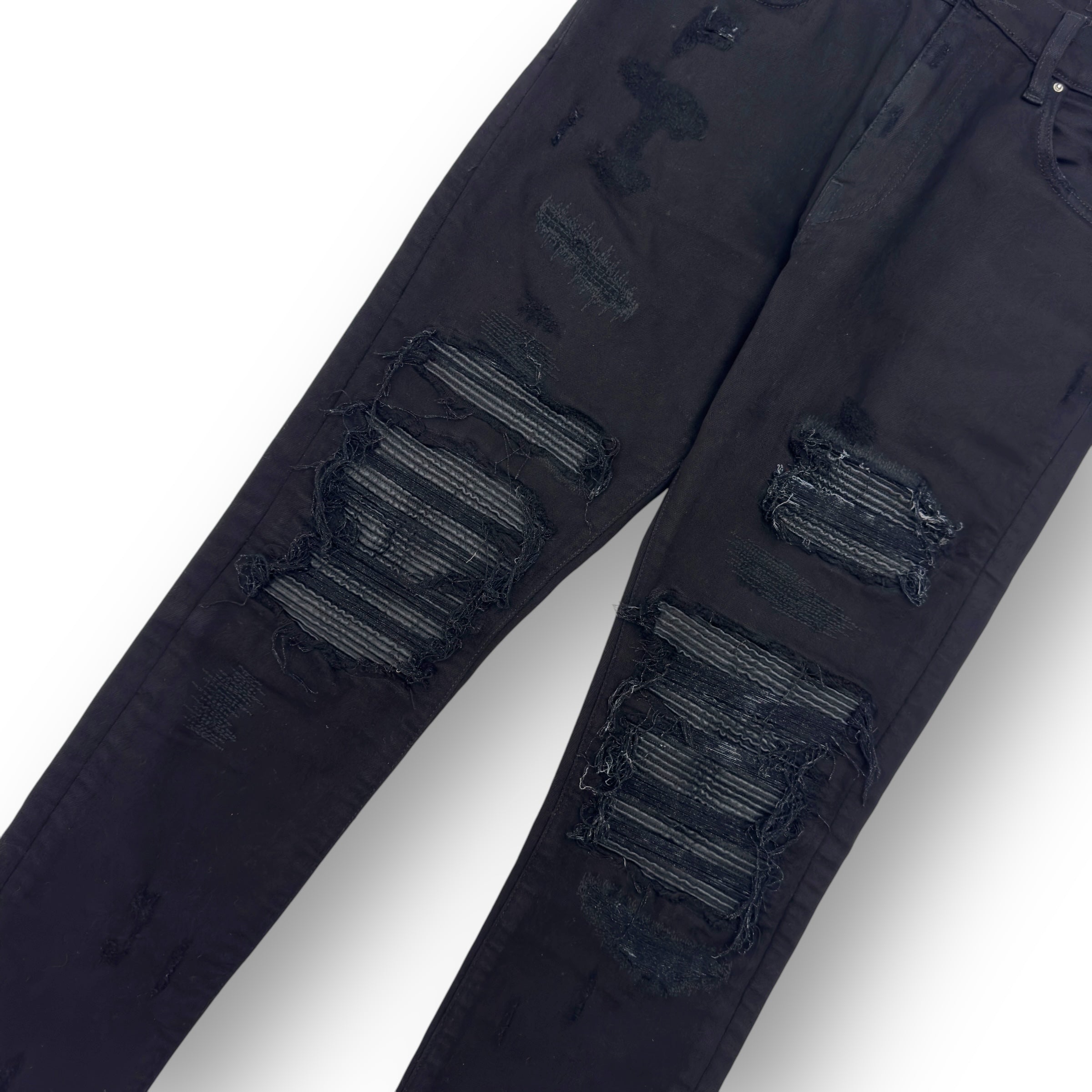 AMIRI MX1 SKINNY FIT LEATHER PATCH DENIM JEANS BLACK W32