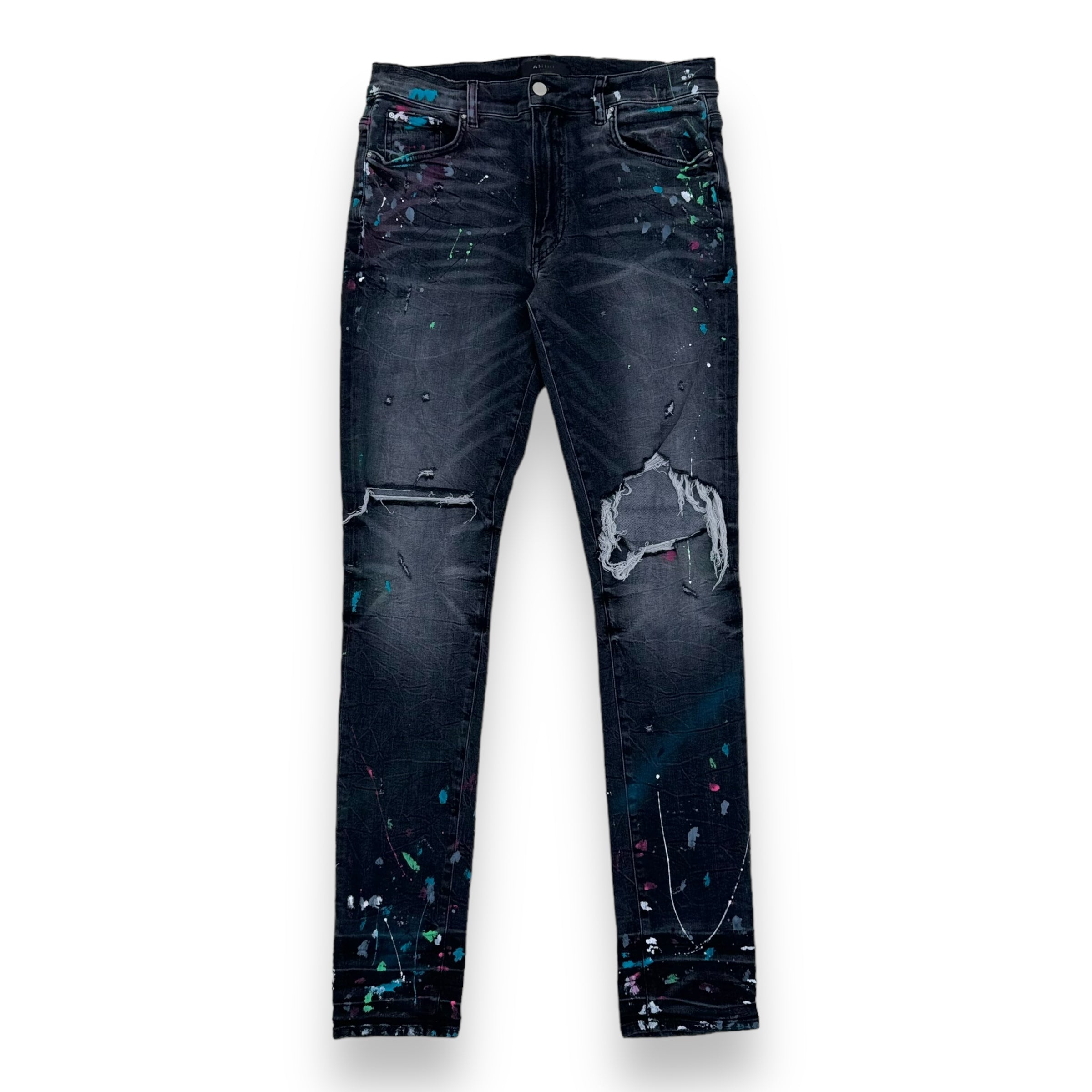 AMIRI PAINT SPLATTER MX1 DISTRESSED DENIM JEANS BLACK 34W