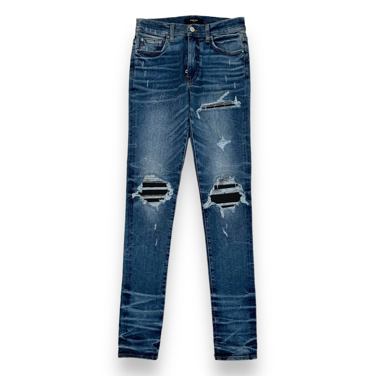 AMIRI MX1 DISTRESSED LEATHER PATCH DENIM JEANS BLUE 30W – Wylist