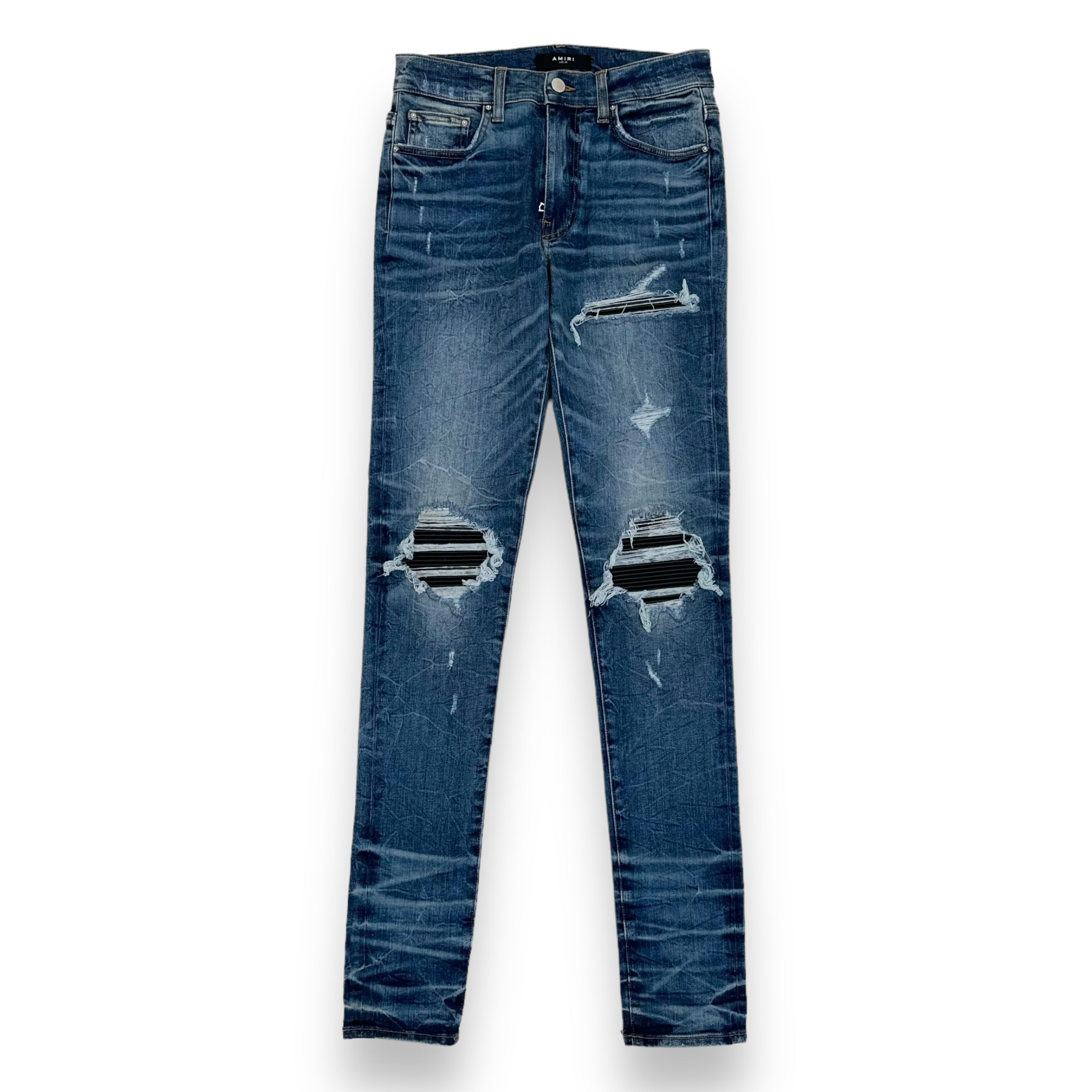 AMIRI MX1 DISTRESSED LEATHER PATCH DENIM JEANS BLUE 30W