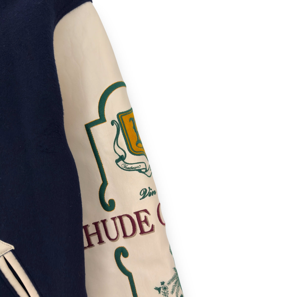 RHUDE WINE CLUB LEATHER / WOOL VARSITY JACKET NAVY / CREAM / MUSTARD XL