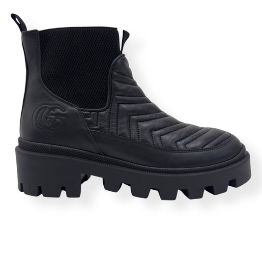 GUCCI WOMENS FRANCES CHEVRON-QUILTED LEATHER ANKLE BOOTS BLACK 38 / UK5