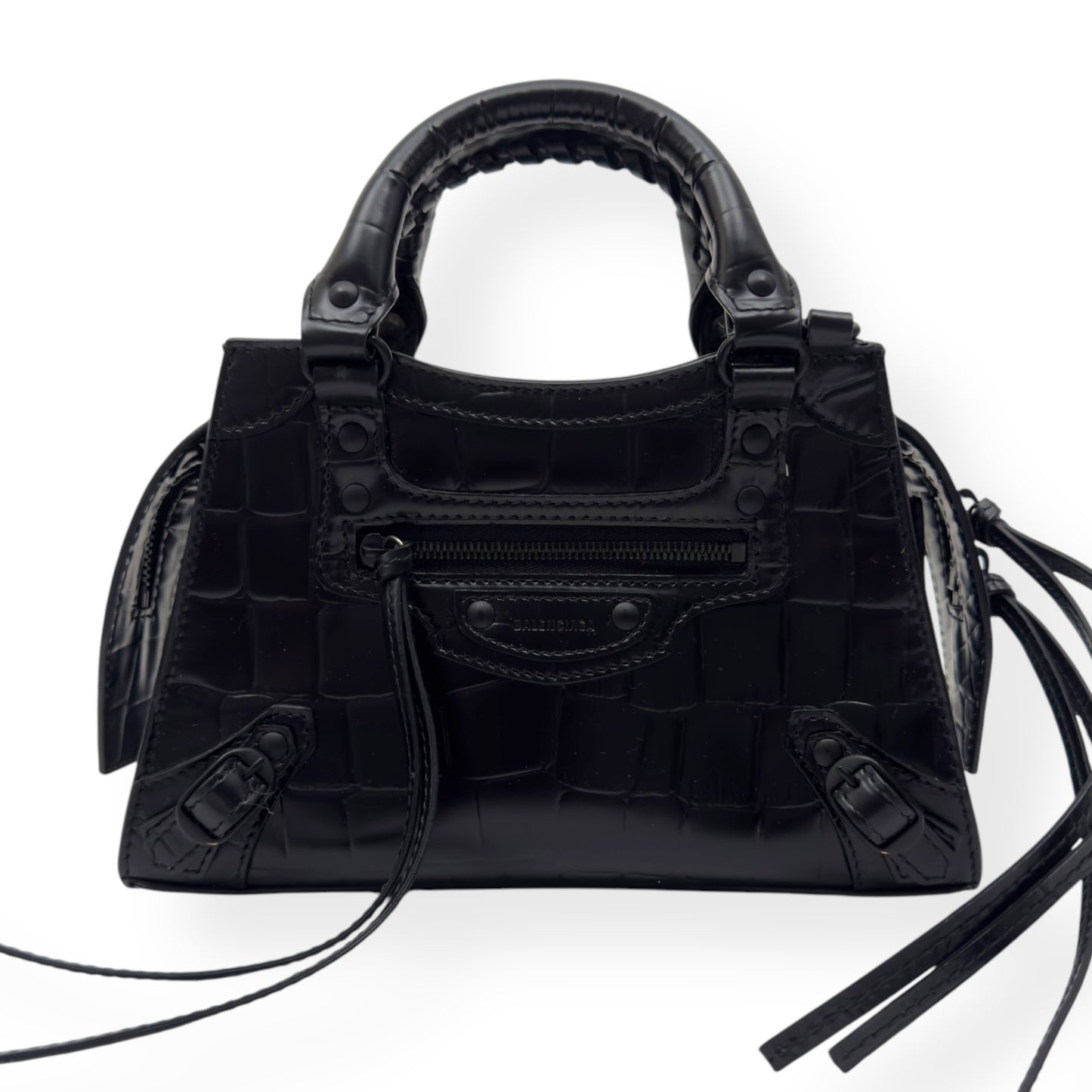BALENCIAGA NEO CLASSIC CROC EMBOSSED LEATHER SHOULDER BAG BLACK MINI