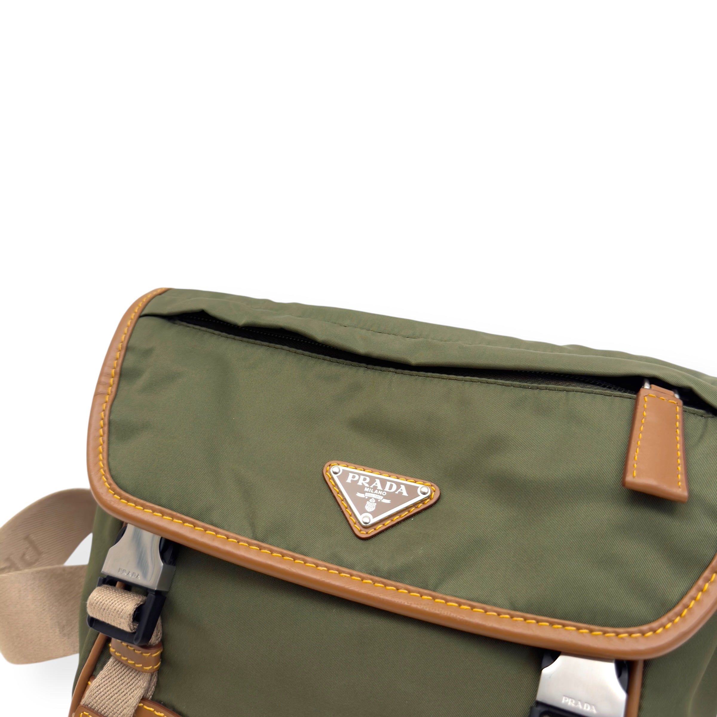 PRADA RE-NYLON AND LEATHER SHOULDER BAG MILITARY GREEN / CARAMEL S