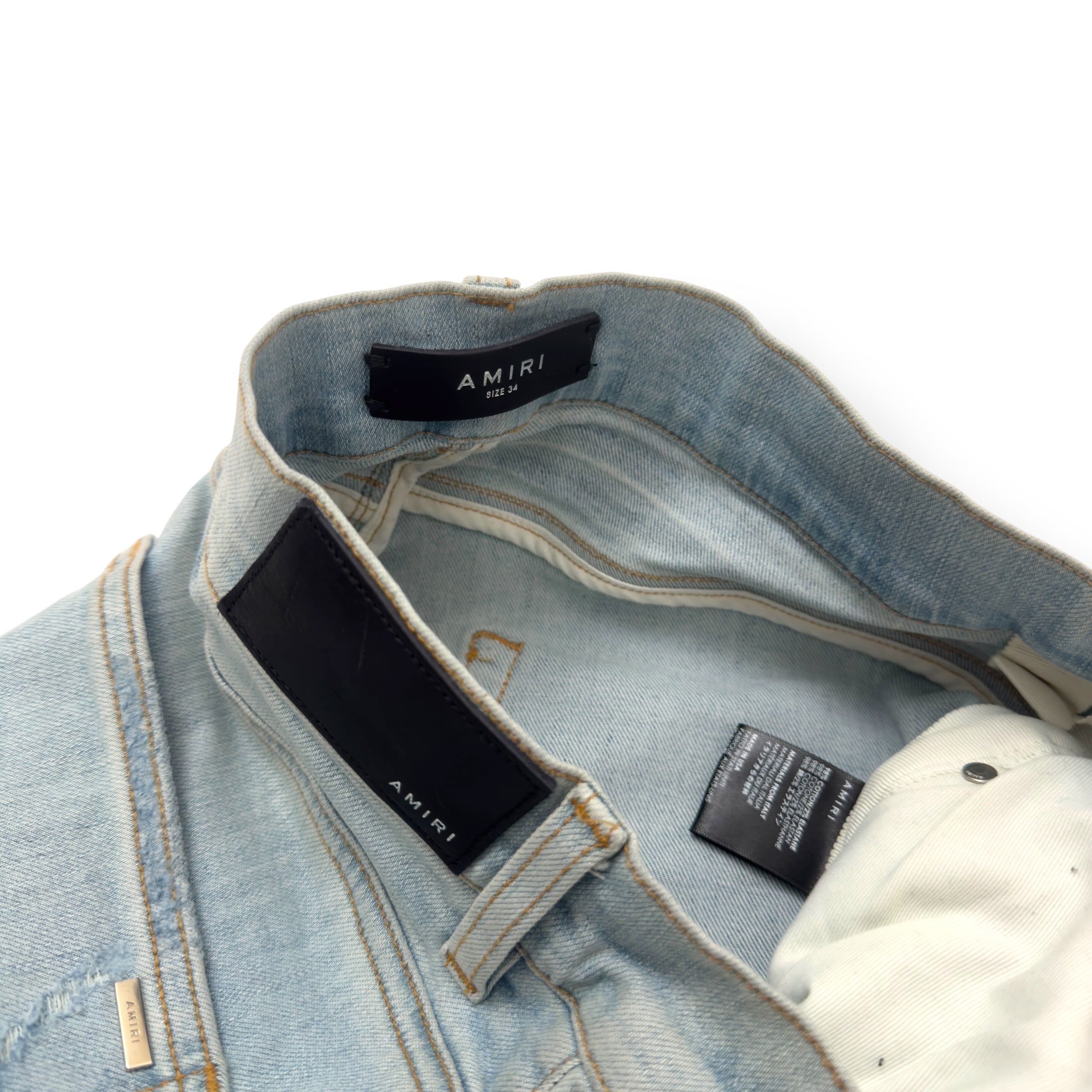 AMIRI PLAID PATCH THRASHER DENIM JEANS BLUE / ORANGE W34”