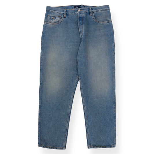 PRADA PLAQUE-LOGO WASHED DENIM JEANS BLUE W34”