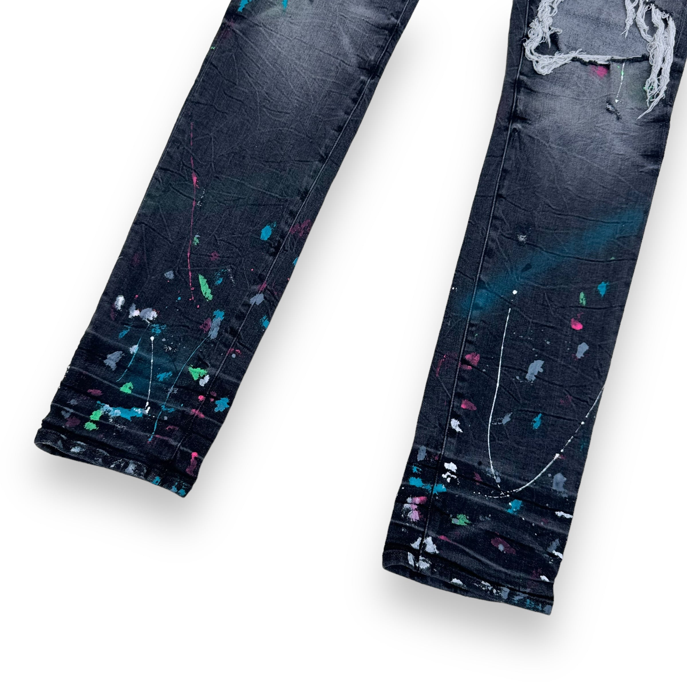 AMIRI PAINT SPLATTER MX1 DISTRESSED DENIM JEANS BLACK 34W