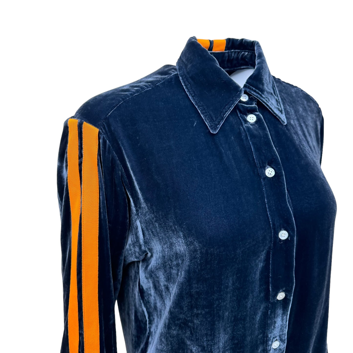 SERENA BUTE STRIPE-APPLIEUÉ VELVET SHIRT BLUE / ORANGE XS