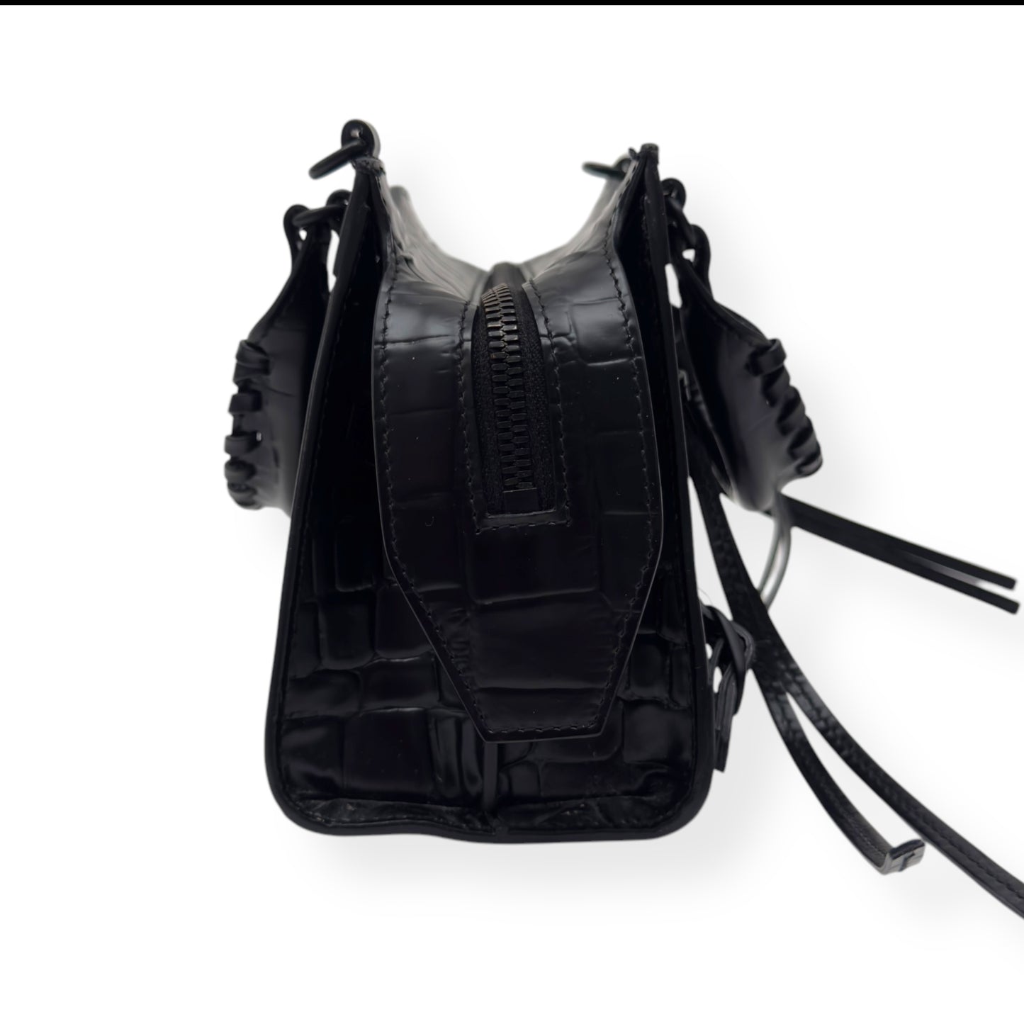 BALENCIAGA NEO CLASSIC CROC EMBOSSED LEATHER SHOULDER BAG BLACK MINI