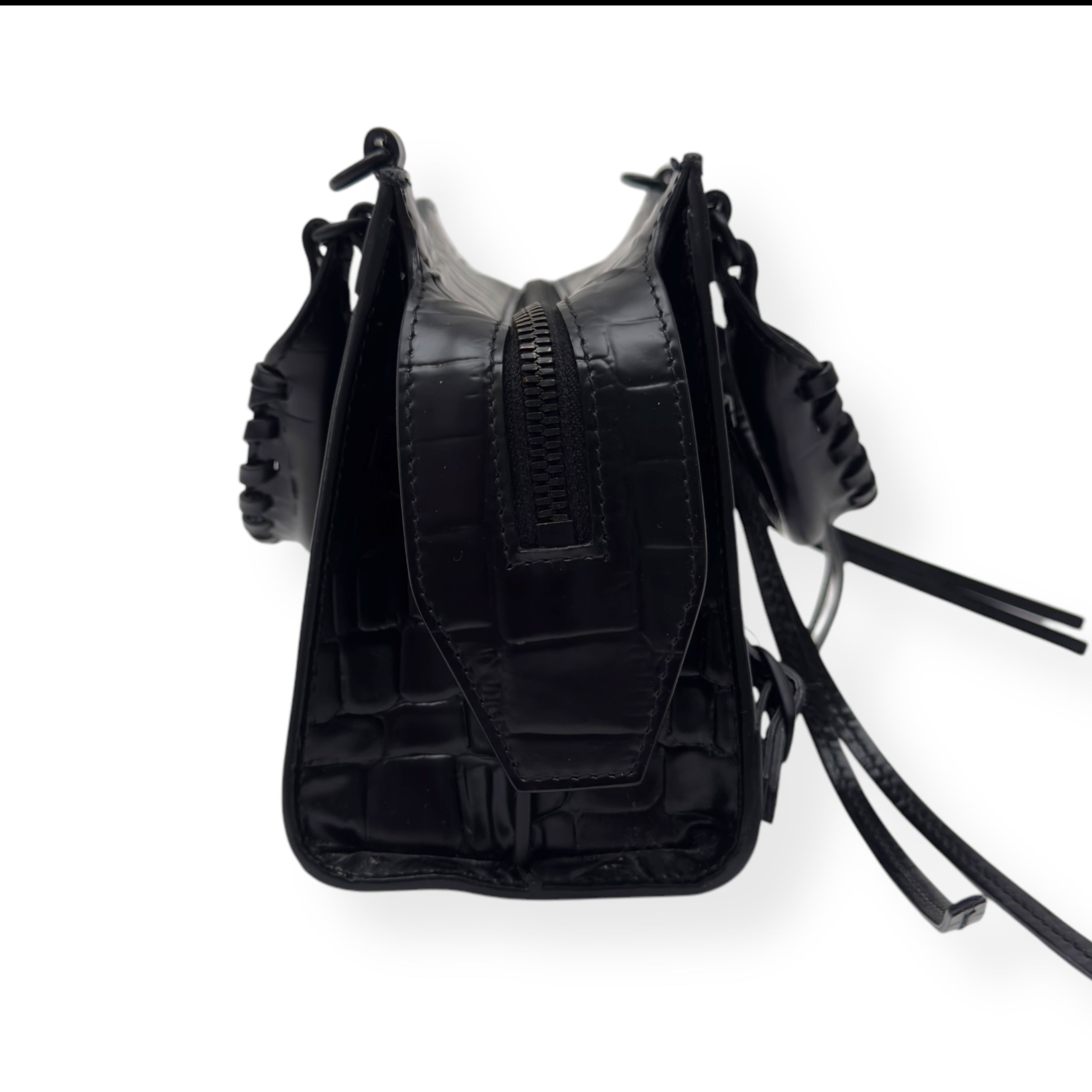 BALENCIAGA NEO CLASSIC CROC EMBOSSED LEATHER SHOULDER BAG BLACK MINI