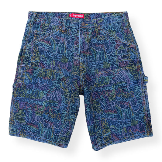 SUPREME HANDWRITING DOUDLE KNEE DENIM SHORTS INDIGO W34”