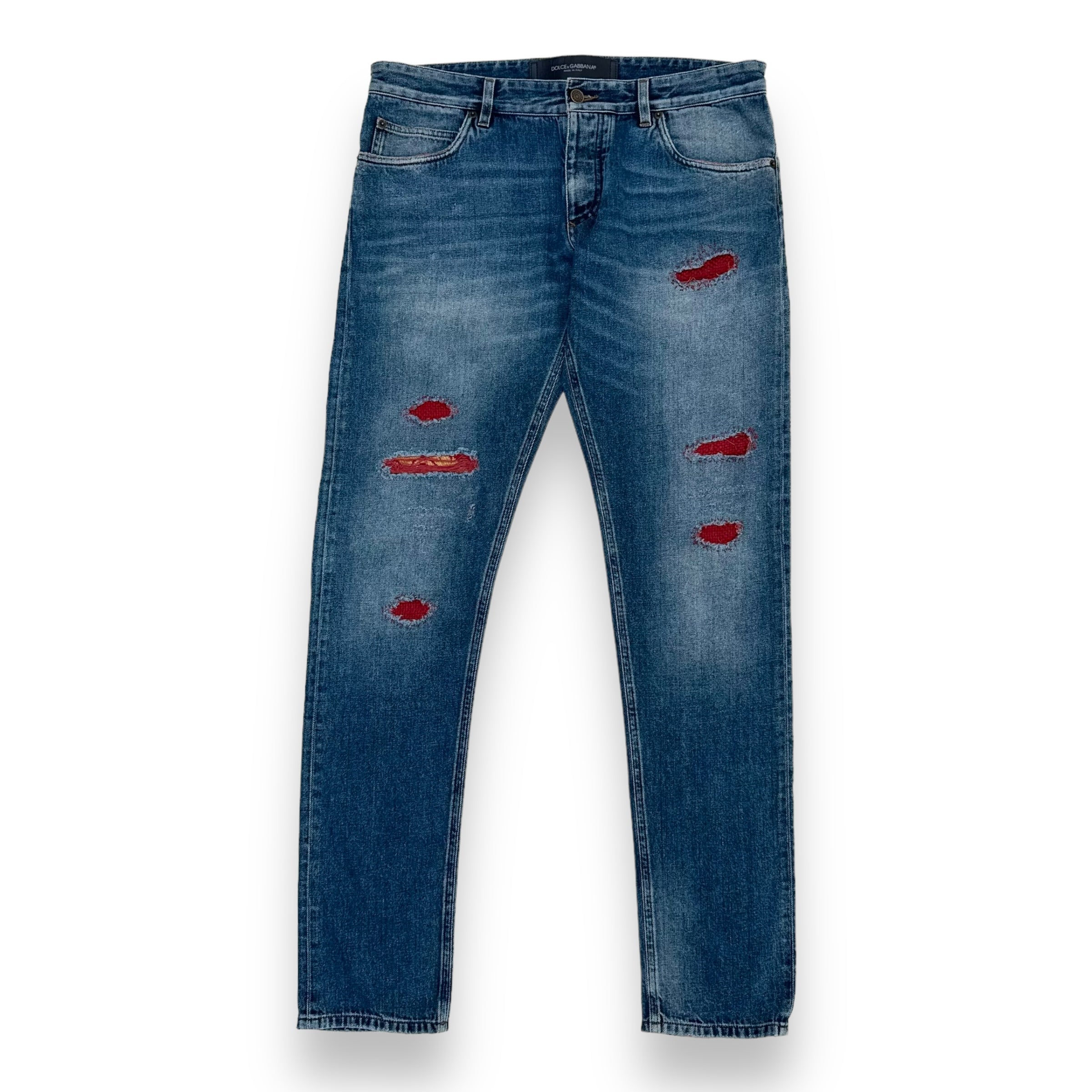 DOLCE & GABBANA DISTRESSED PATCH DENIM JEANS BLUE / RED L