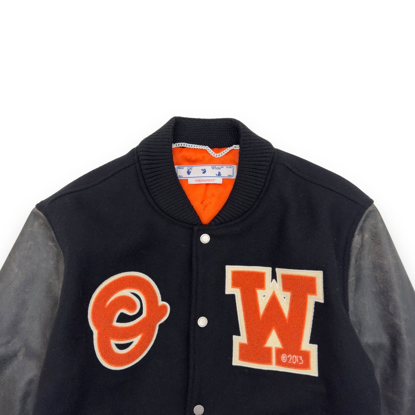 OFF-WHITE OW PATCH LEATHER SLEEVE VARSITY JACKET BLACK / ORANGE S