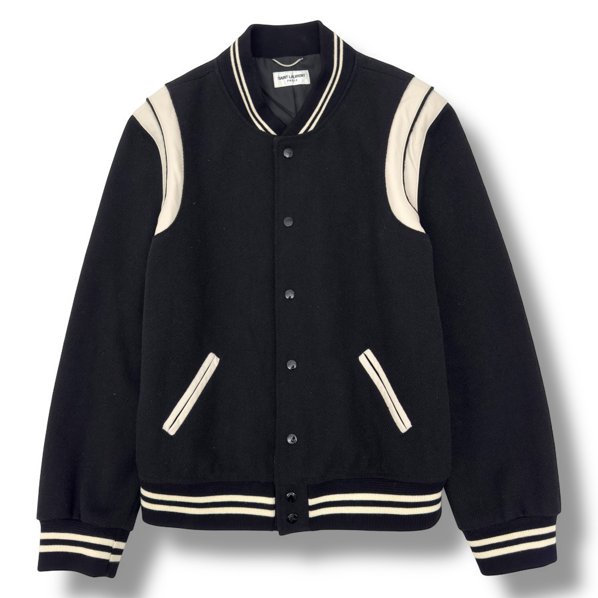 SAINT LAURENT TEDDY LEATHER-TRIMMED WOOL-BLEND BOMBER JACKET BLACK / WHITE 54 / XXL