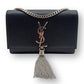 SAINT LAURENT KATE TASSEL GRAINED LEATHER SHOULDER BAG BLACK WITH SILVER STRAP S