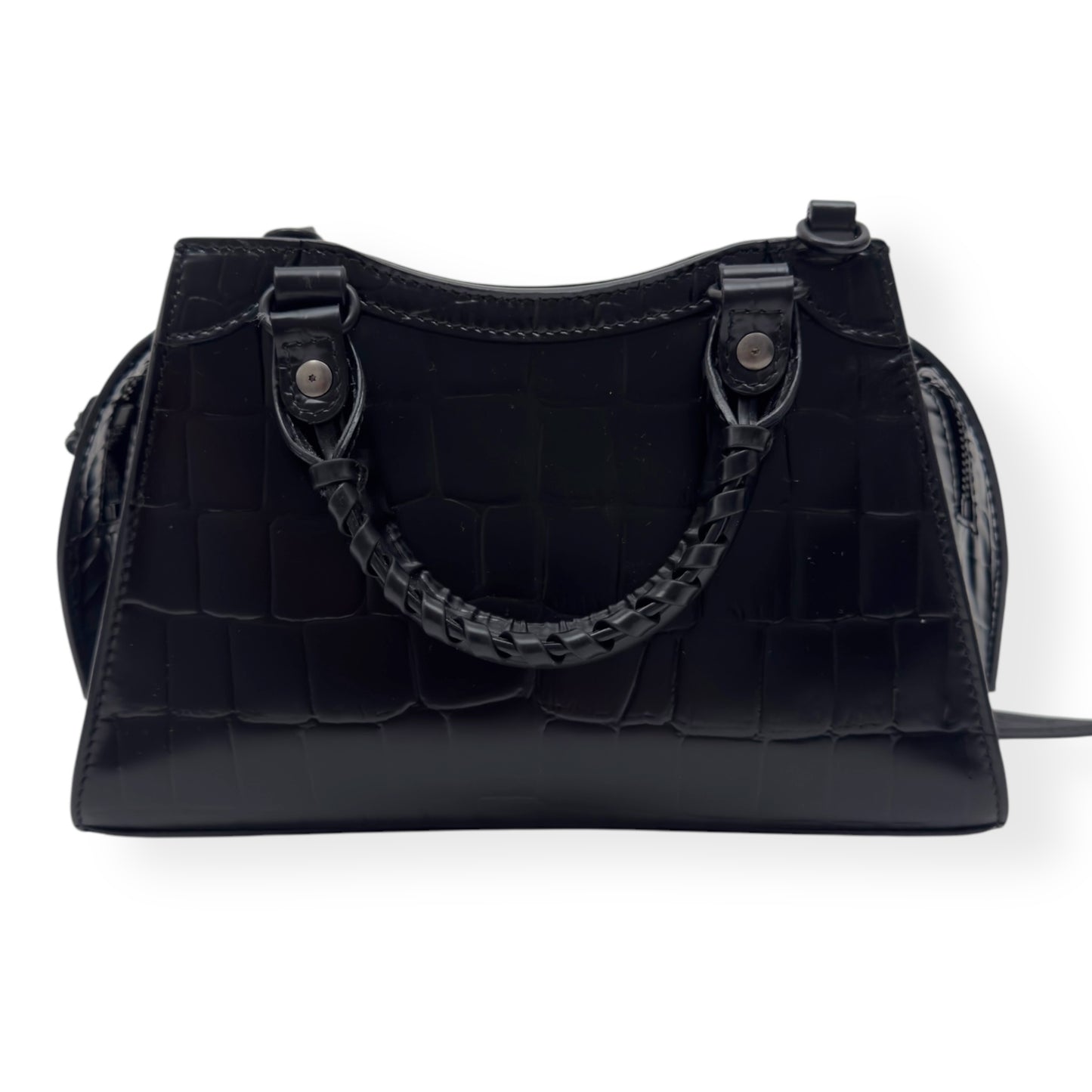 BALENCIAGA NEO CLASSIC CROC EMBOSSED LEATHER SHOULDER BAG BLACK MINI