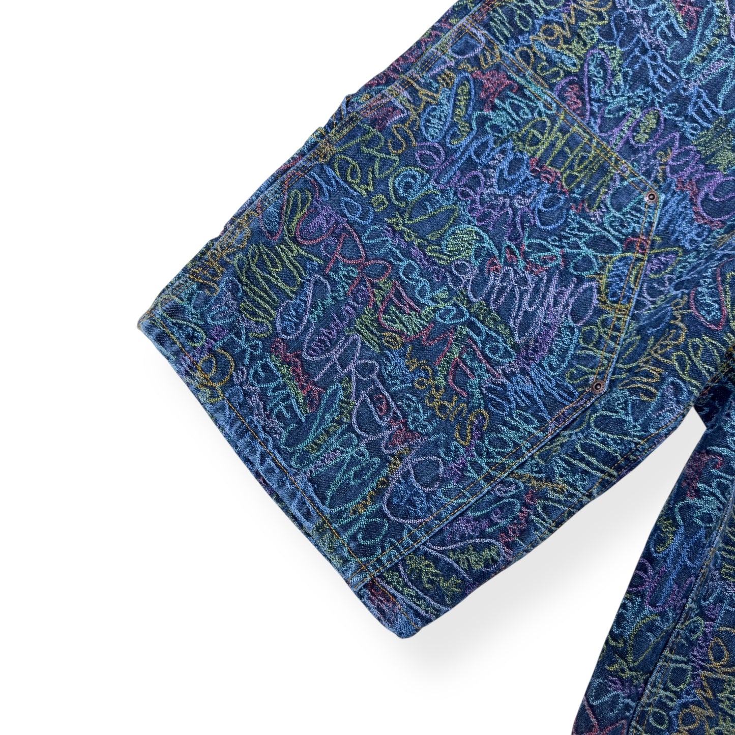 SUPREME HANDWRITING DOUDLE KNEE DENIM SHORTS INDIGO W34”