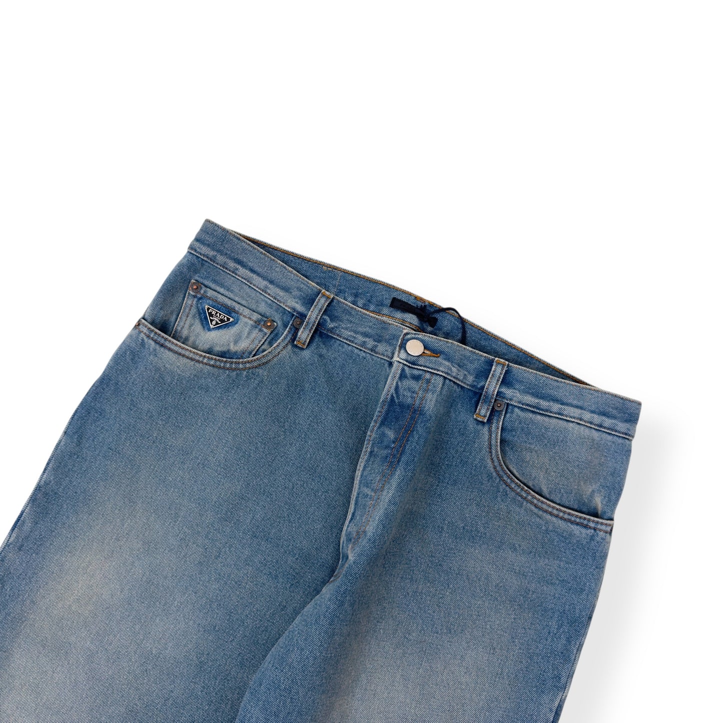 PRADA PLAQUE-LOGO WASHED DENIM JEANS BLUE W34”
