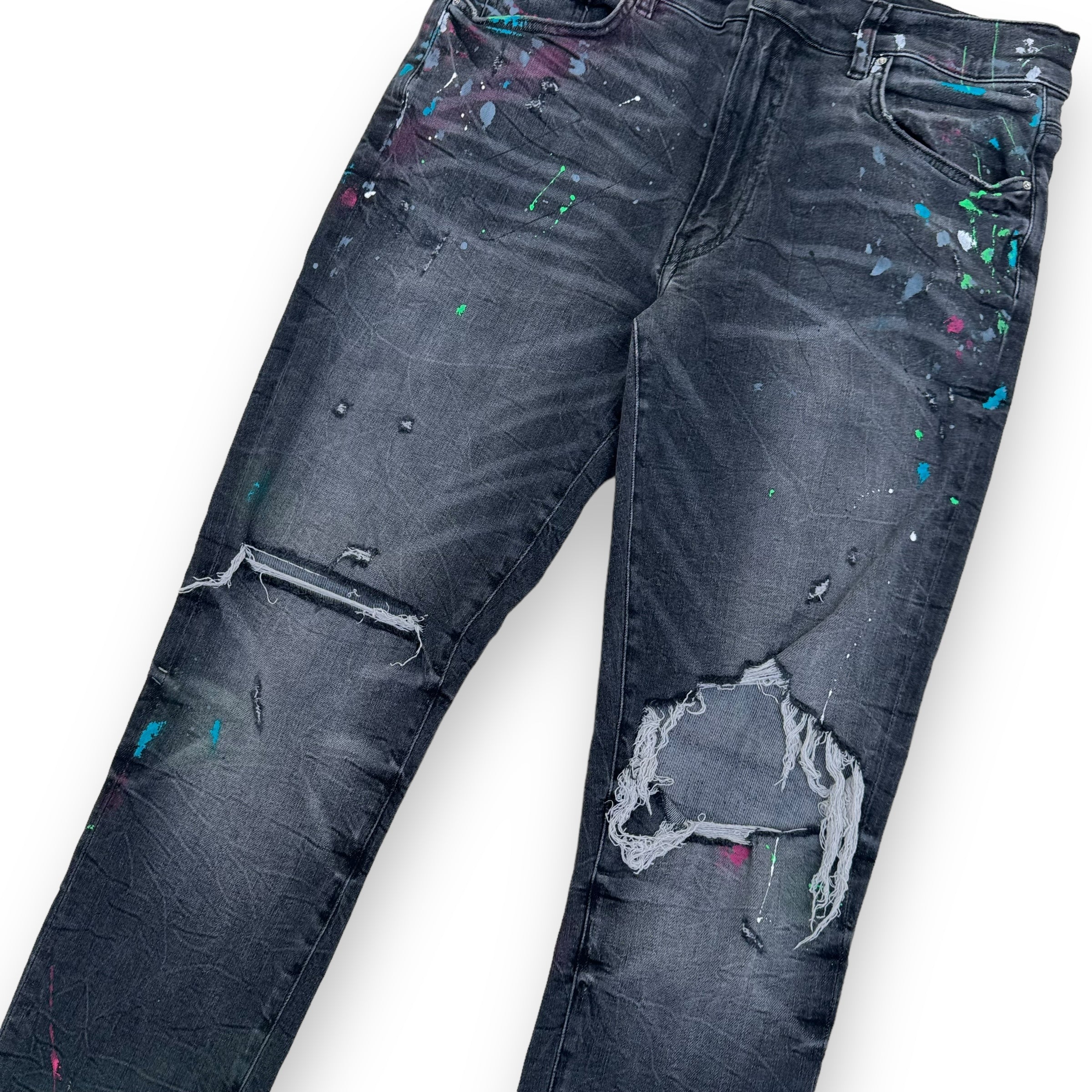 AMIRI PAINT SPLATTER MX1 DISTRESSED DENIM JEANS BLACK 34W