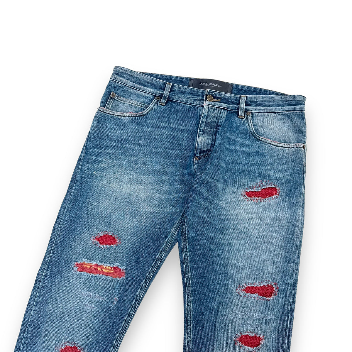 DOLCE & GABBANA DISTRESSED PATCH DENIM JEANS BLUE / RED L
