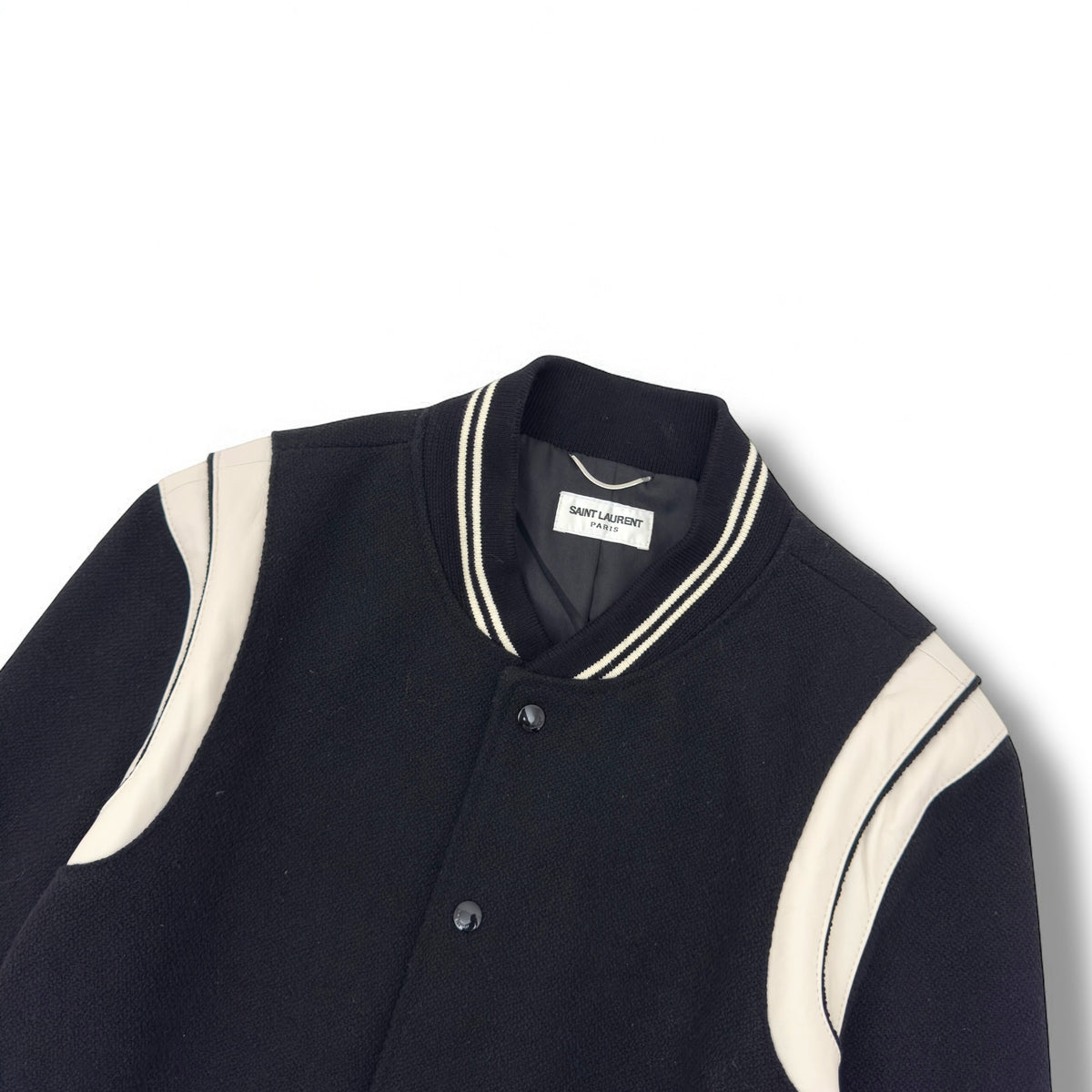SAINT LAURENT TEDDY LEATHER-TRIMMED WOOL-BLEND BOMBER JACKET BLACK / WHITE 54 / XXL