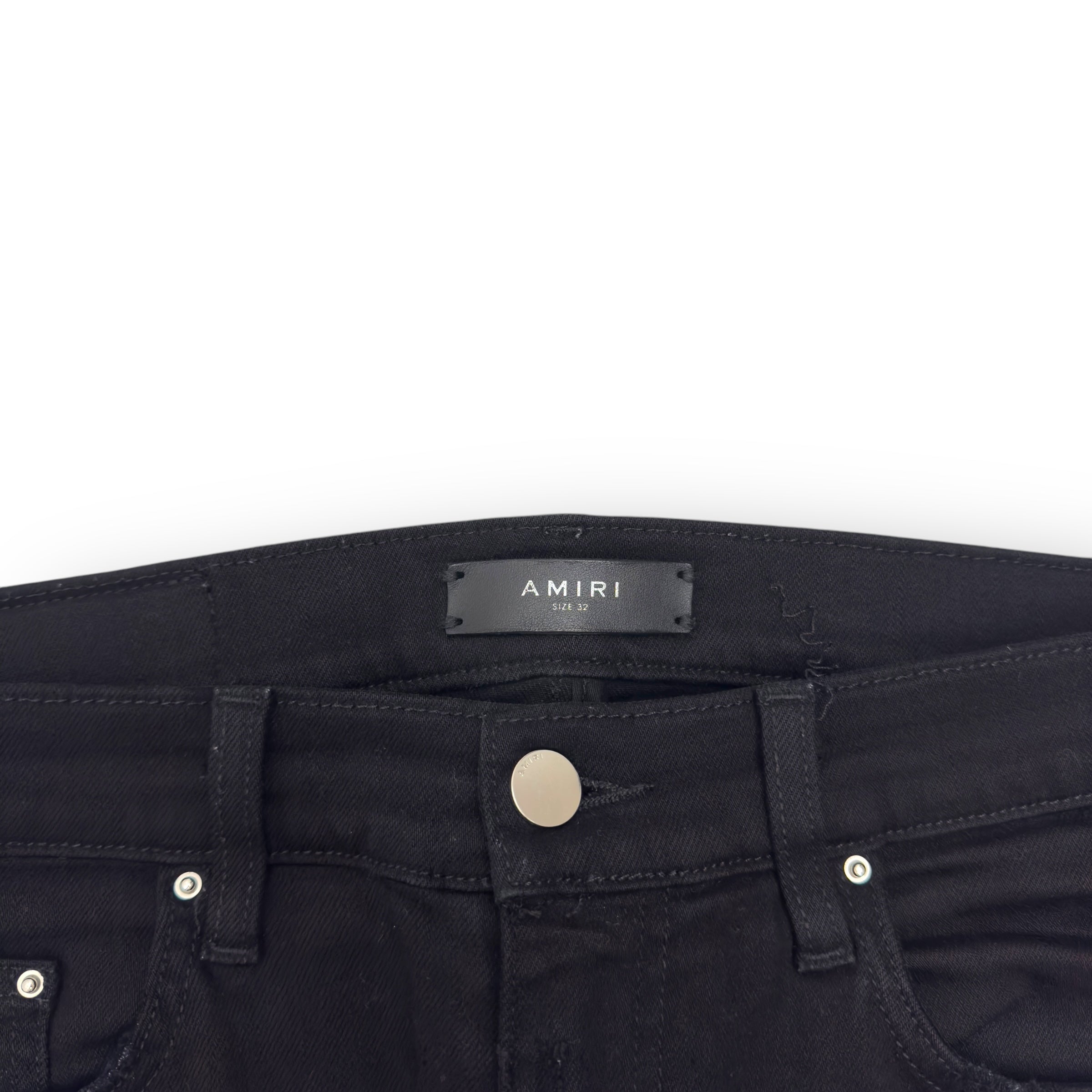 AMIRI MX1 SKINNY FIT LEATHER PATCH DENIM JEANS BLACK W32