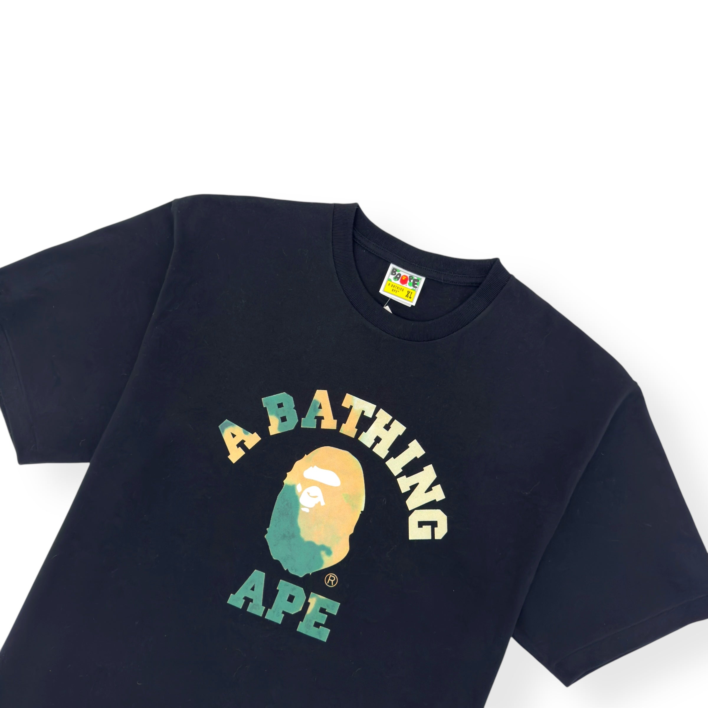 A BATHING APE TIE DYE COLLEGE T-SHIRT BLACK / GREEN XL