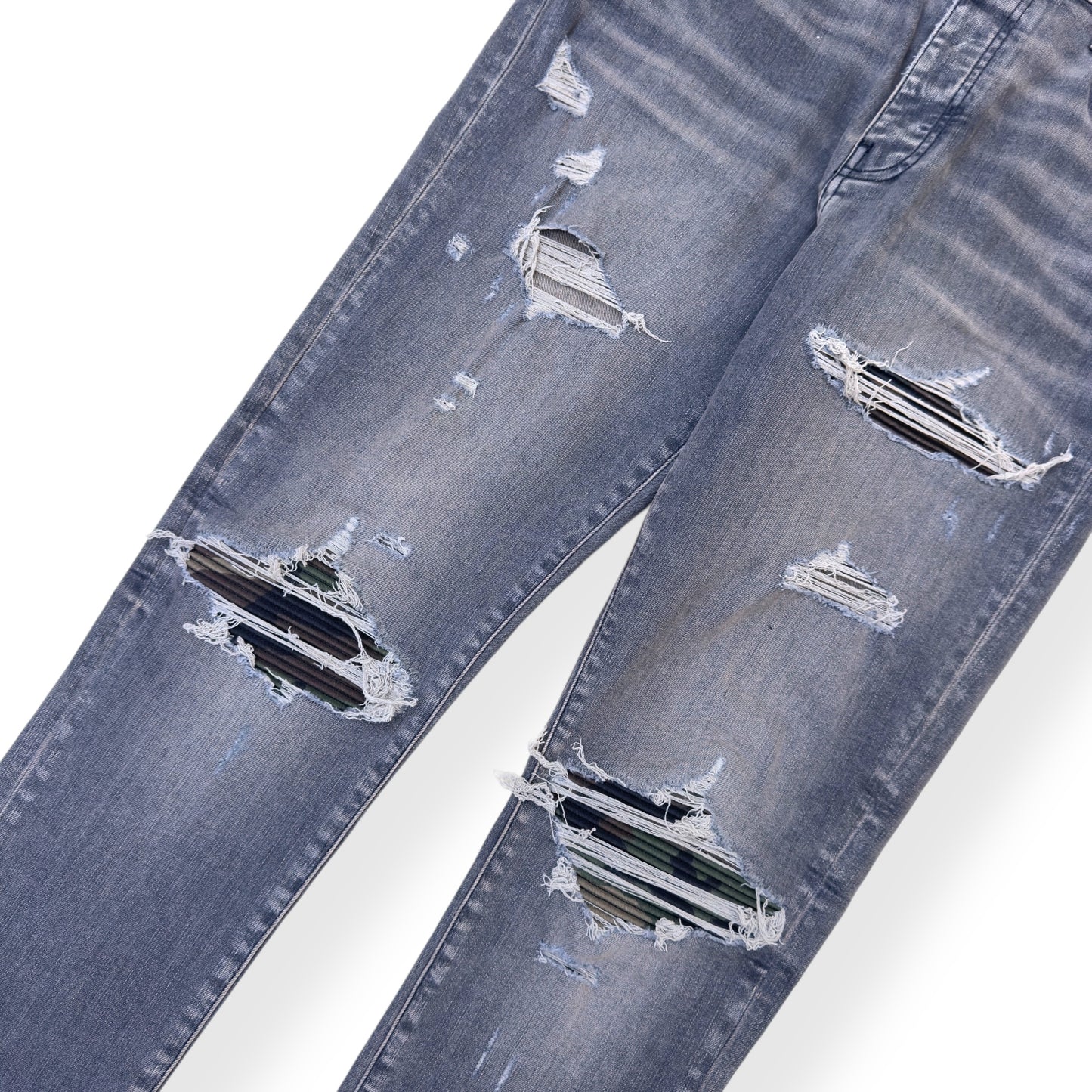 AMIRI MX1 SKINNY CAMO PATCH DENIM JEANS GREY W34”