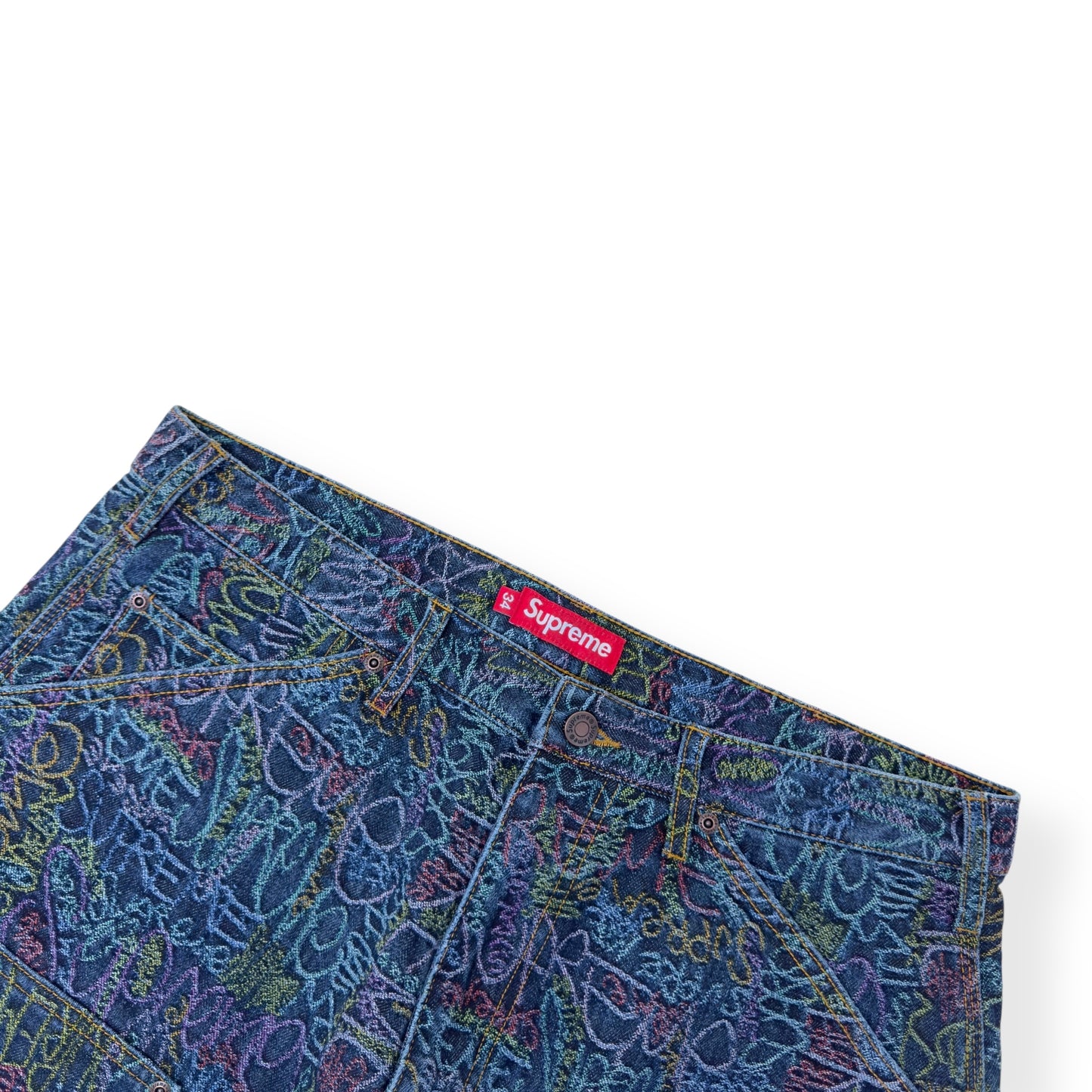 SUPREME HANDWRITING DOUDLE KNEE DENIM SHORTS INDIGO W34”