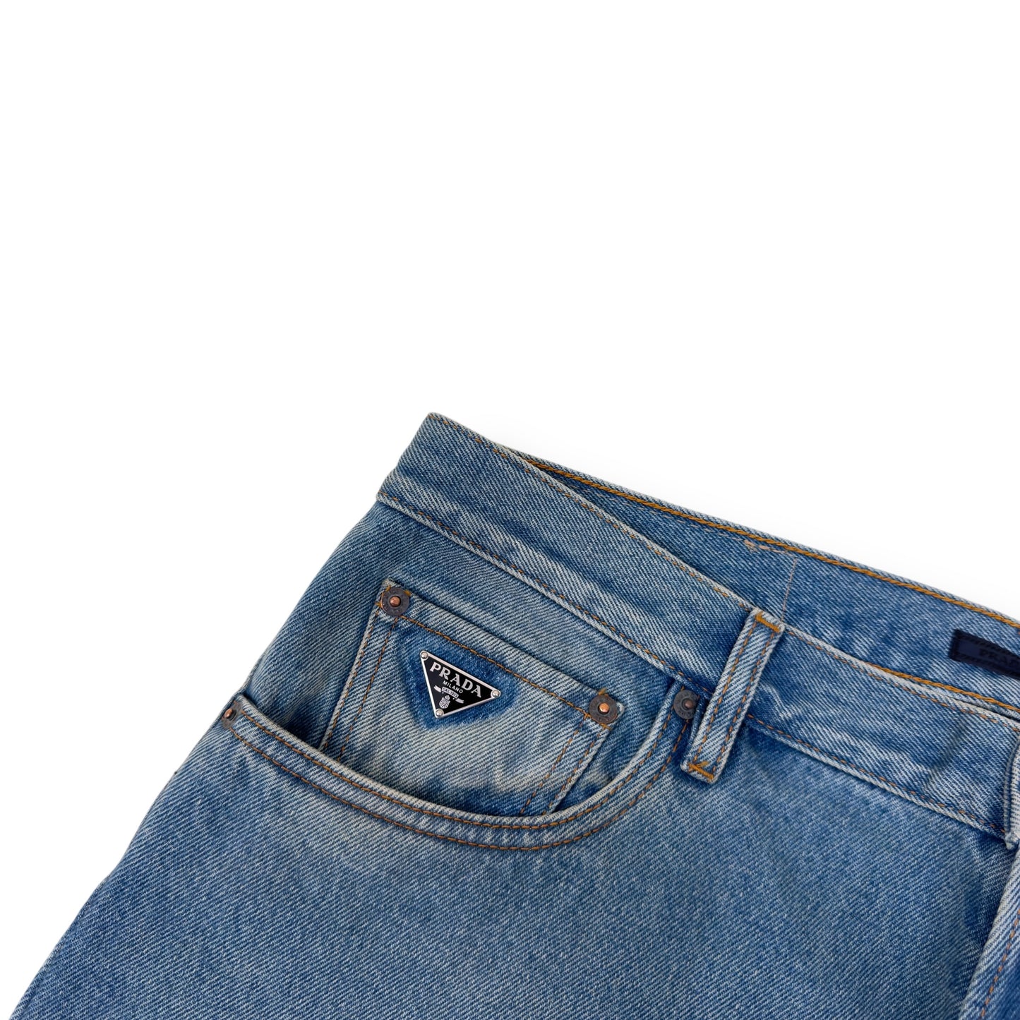 PRADA PLAQUE-LOGO WASHED DENIM JEANS BLUE W34”