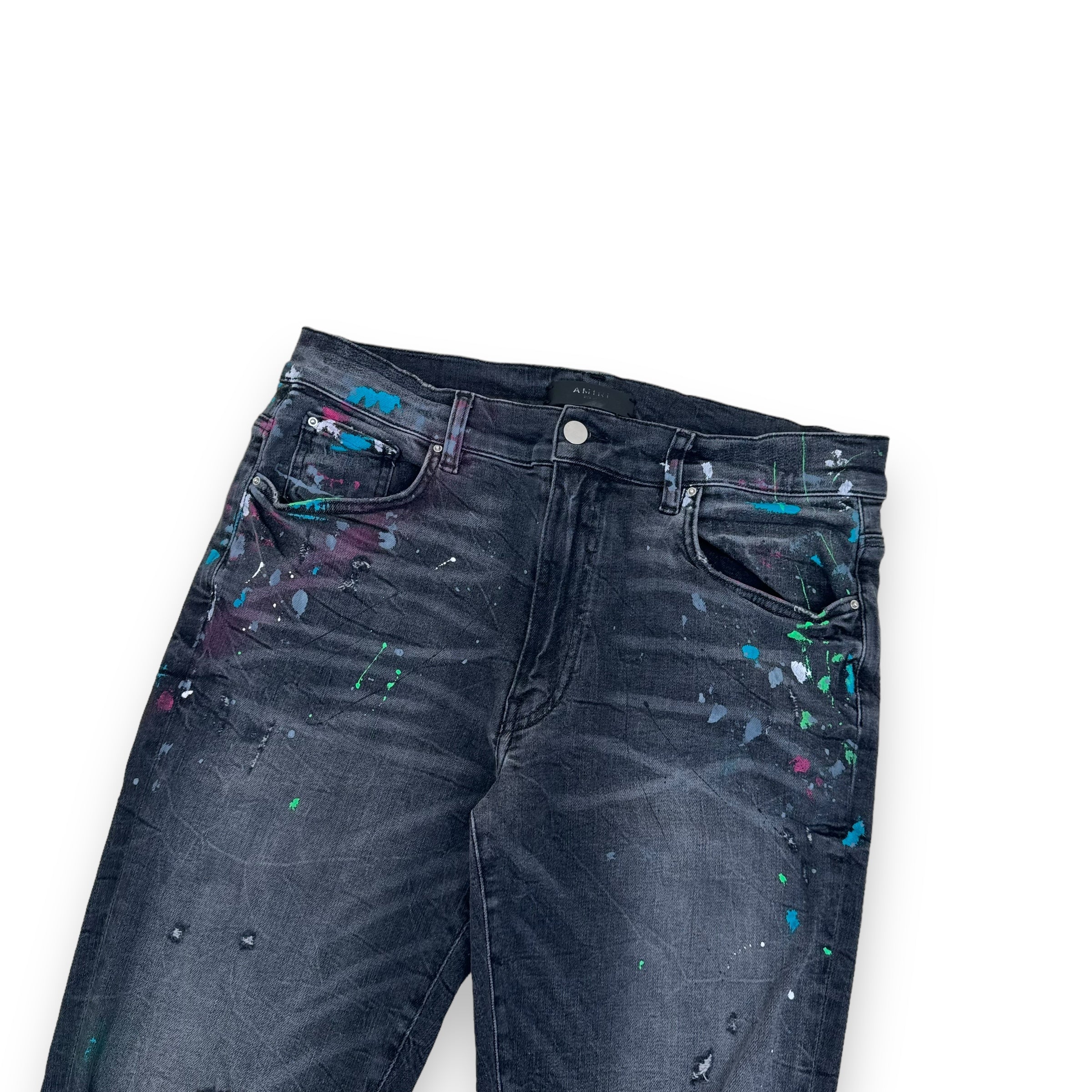AMIRI PAINT SPLATTER MX1 DISTRESSED DENIM JEANS BLACK 34W