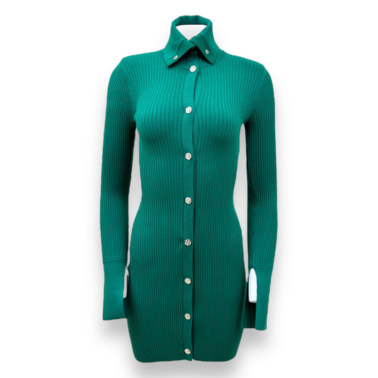 REISS RHIANNON RIBBED BUTTON COLLAR MINI DRESS GREEN S