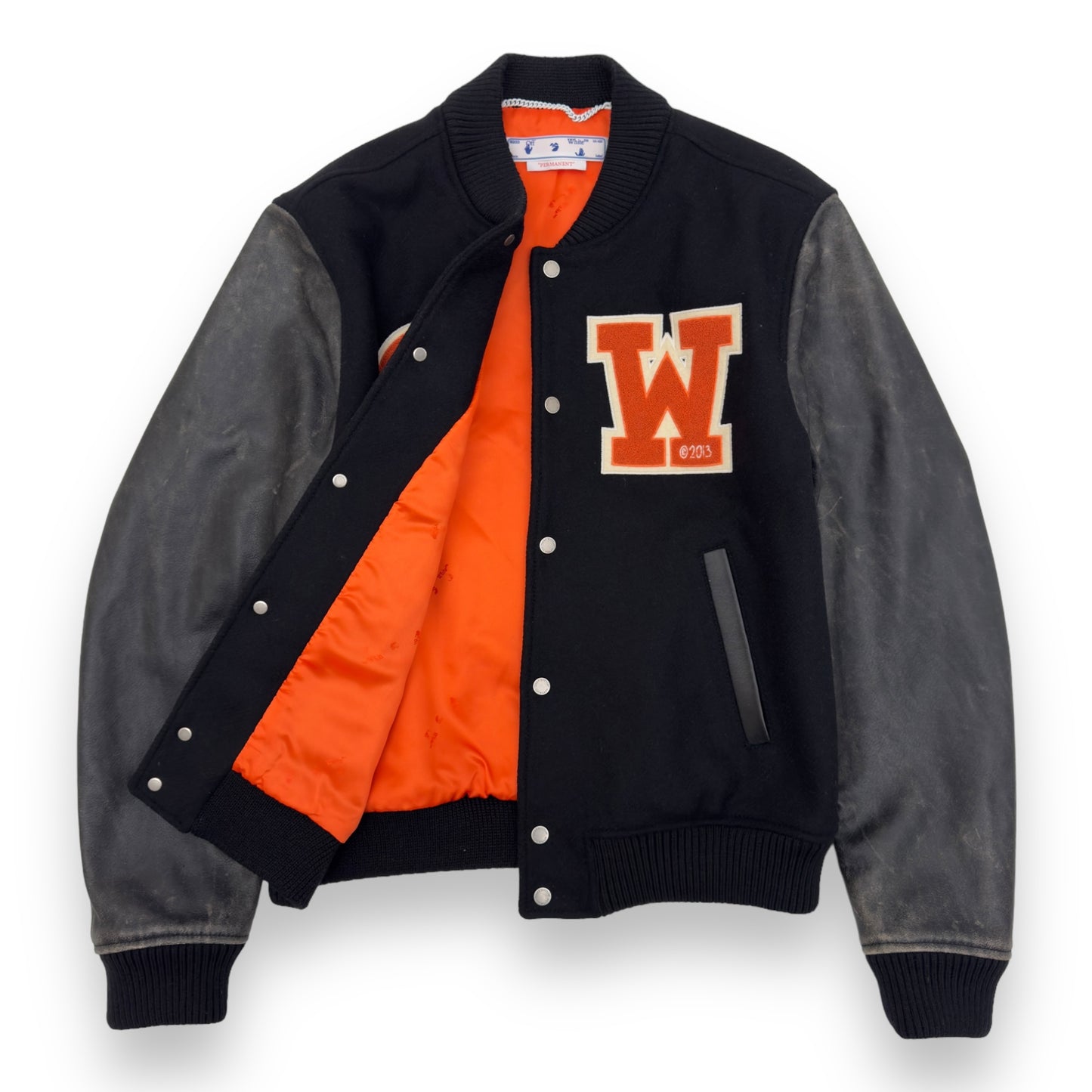 OFF-WHITE OW PATCH LEATHER SLEEVE VARSITY JACKET BLACK / ORANGE S