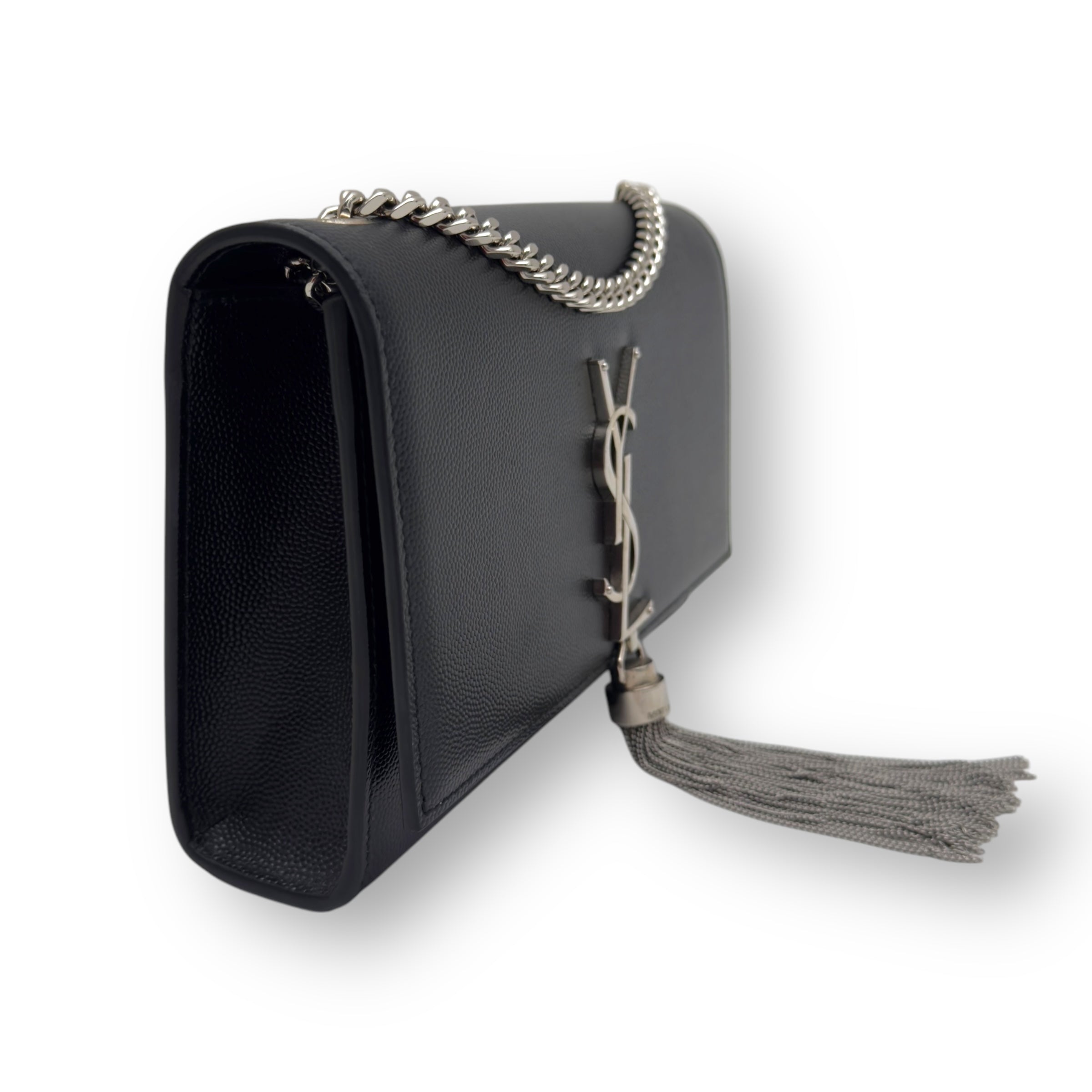 SAINT LAURENT KATE TASSEL GRAINED LEATHER SHOULDER BAG BLACK WITH SILVER STRAP S