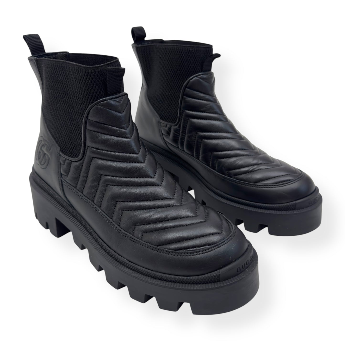 GUCCI WOMENS FRANCES CHEVRON-QUILTED LEATHER ANKLE BOOTS BLACK 38 / UK5