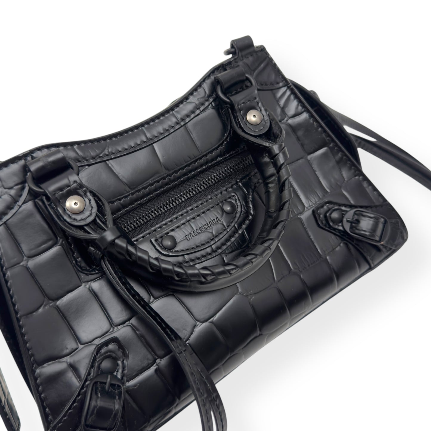 BALENCIAGA NEO CLASSIC CROC EMBOSSED LEATHER SHOULDER BAG BLACK MINI