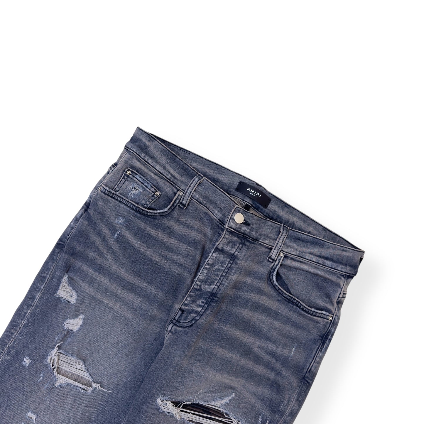 AMIRI MX1 SKINNY CAMO PATCH DENIM JEANS GREY W34”