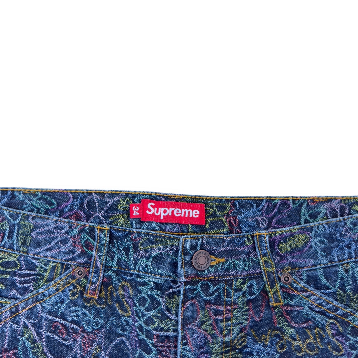 SUPREME HANDWRITING DOUDLE KNEE DENIM SHORTS INDIGO W34”