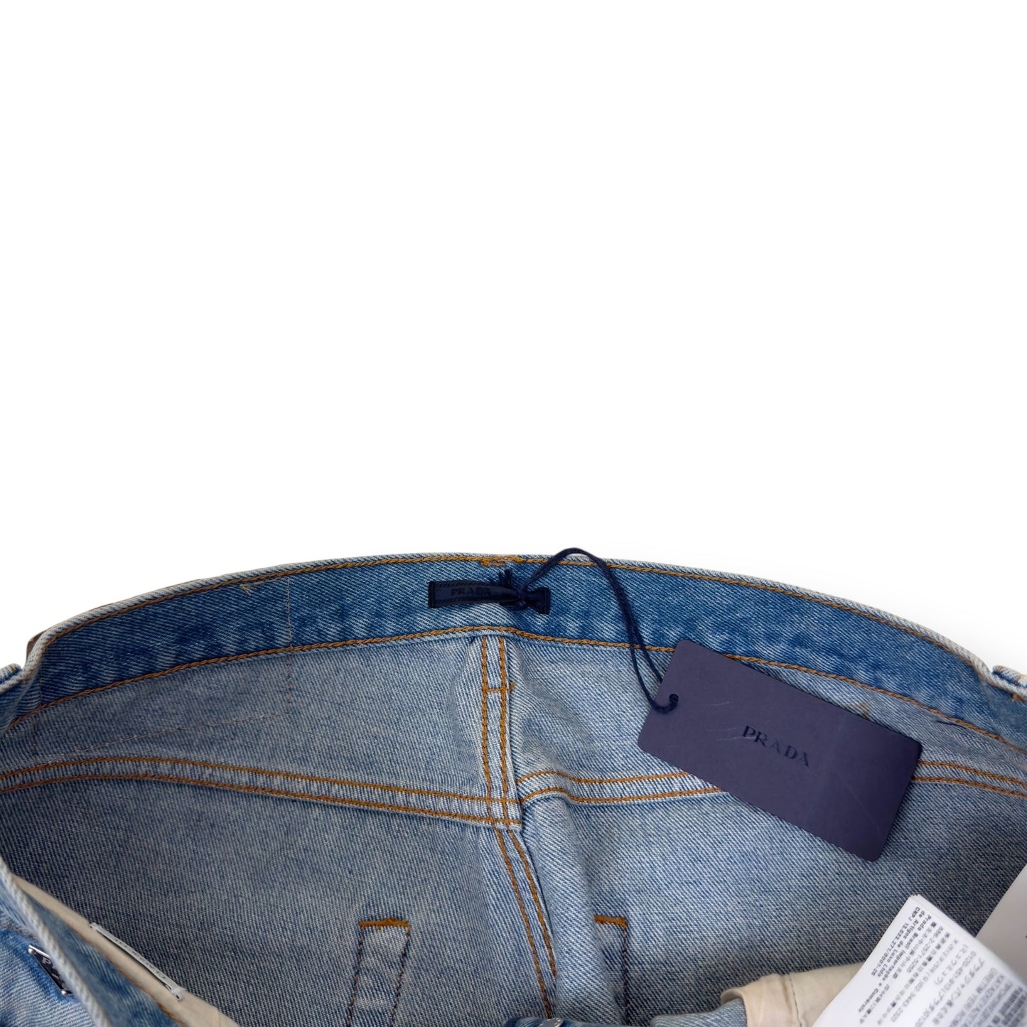 PRADA PLAQUE-LOGO WASHED DENIM JEANS BLUE W34”