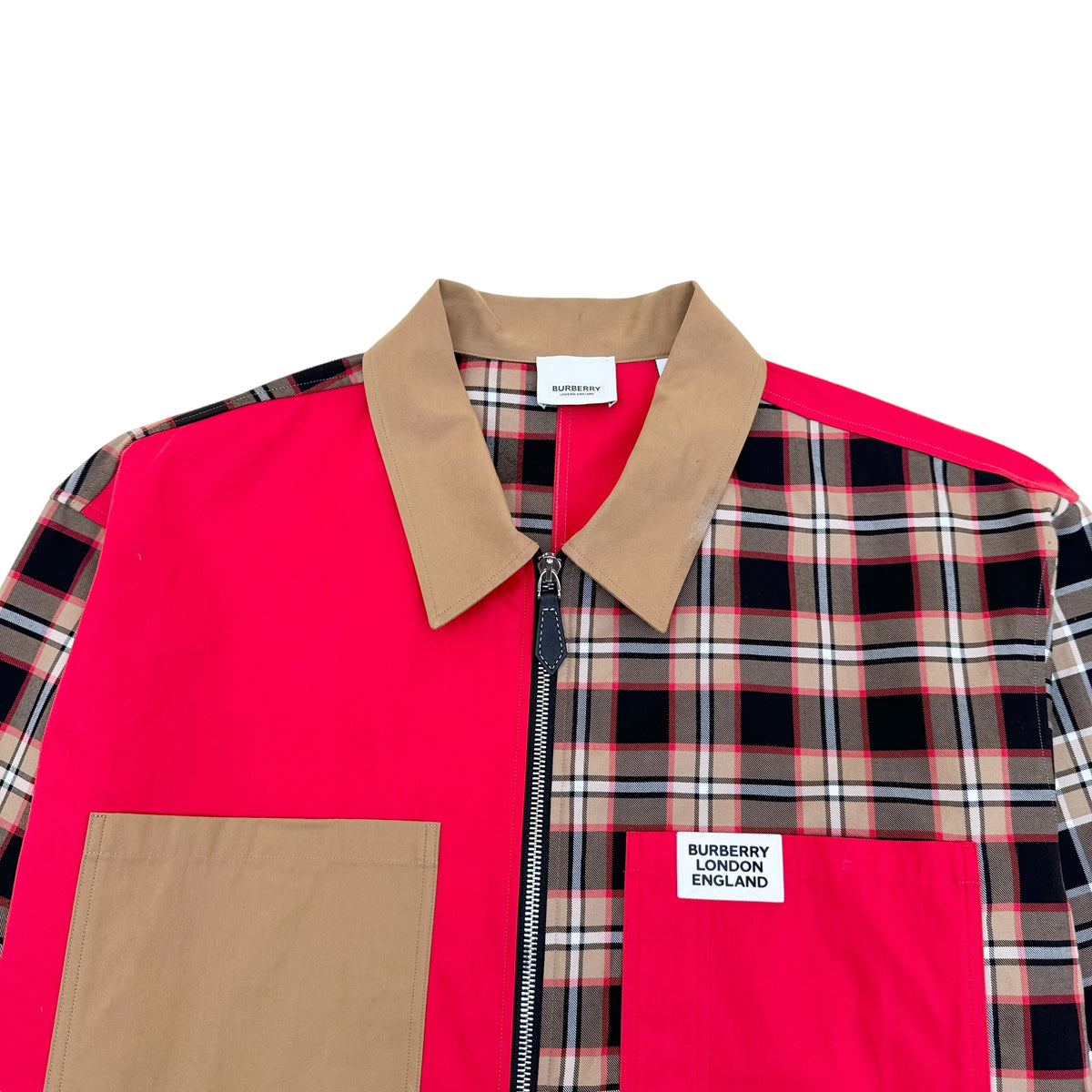 BURBERRY PATCHWORK ZIP-UP OVER SHIRT RED / BEIGE M