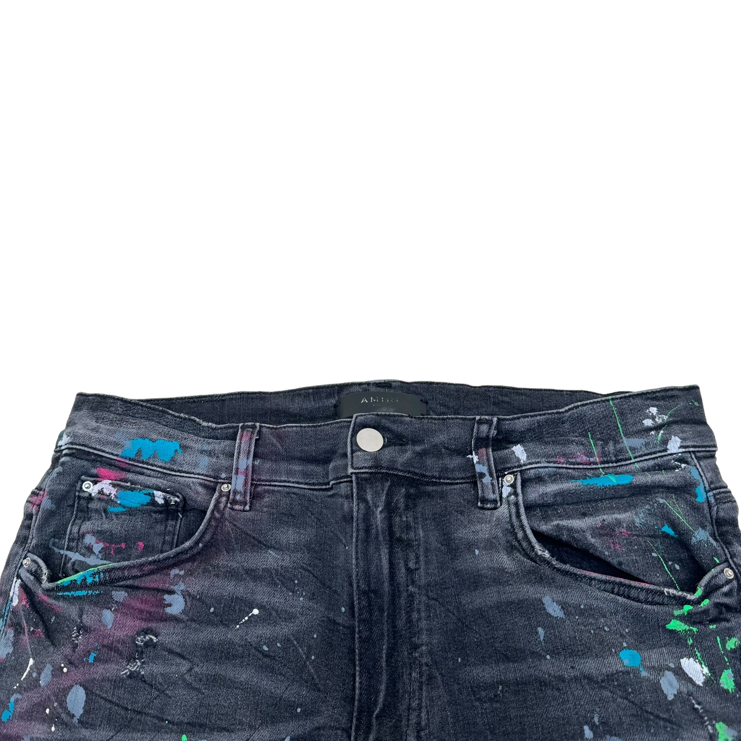AMIRI PAINT SPLATTER MX1 DISTRESSED DENIM JEANS BLACK 34W