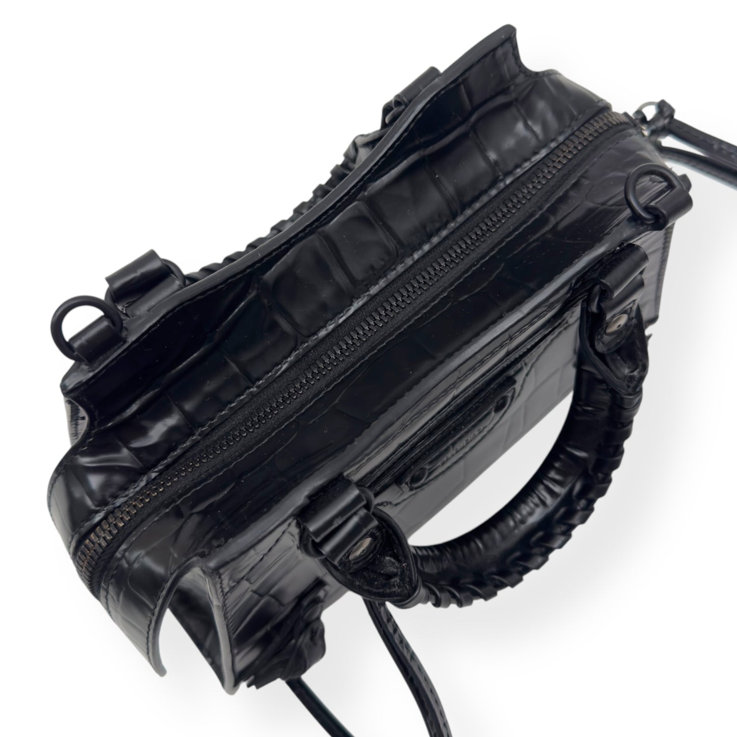 BALENCIAGA NEO CLASSIC CROC EMBOSSED LEATHER SHOULDER BAG BLACK MINI