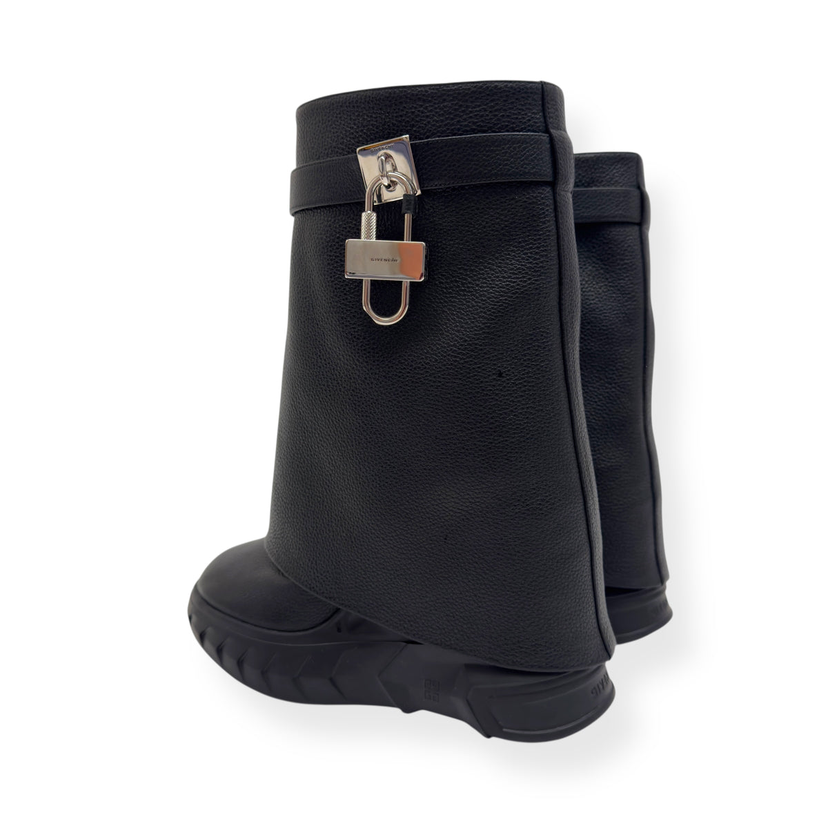 GIVENCHY SHARK LOCK LEATHER HEELED BIKER BOOTS BLACK / SILVER 38 / UK5