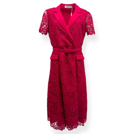 SELF-PORTRAIT BELTED CREPE-TRIMMED CORDED LACE MIDI DRESS PINK UK14
