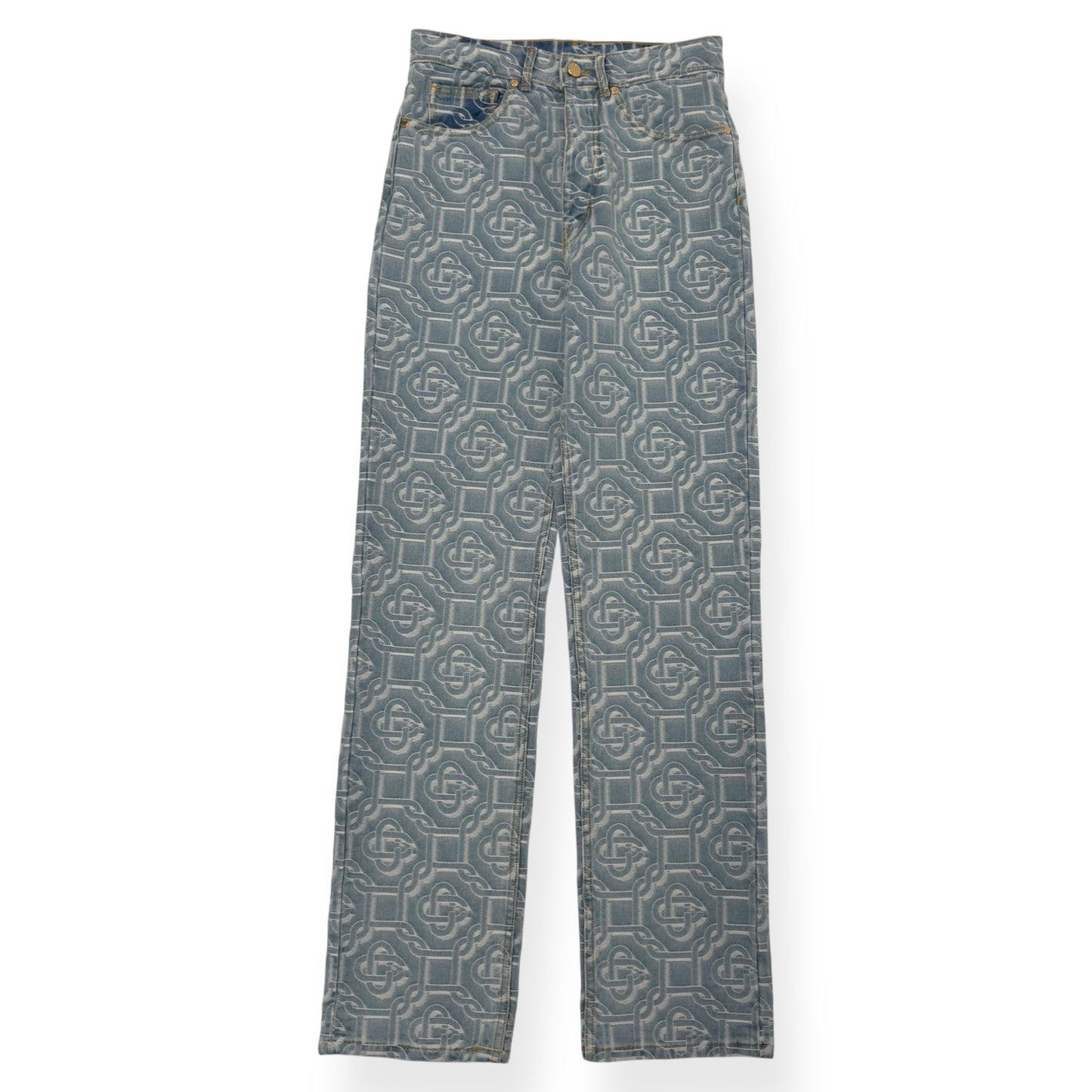 CASABLANCA BLEACHED MONOGRAM STRAIGHT-LEG DENIM JEANS BLUE W26”
