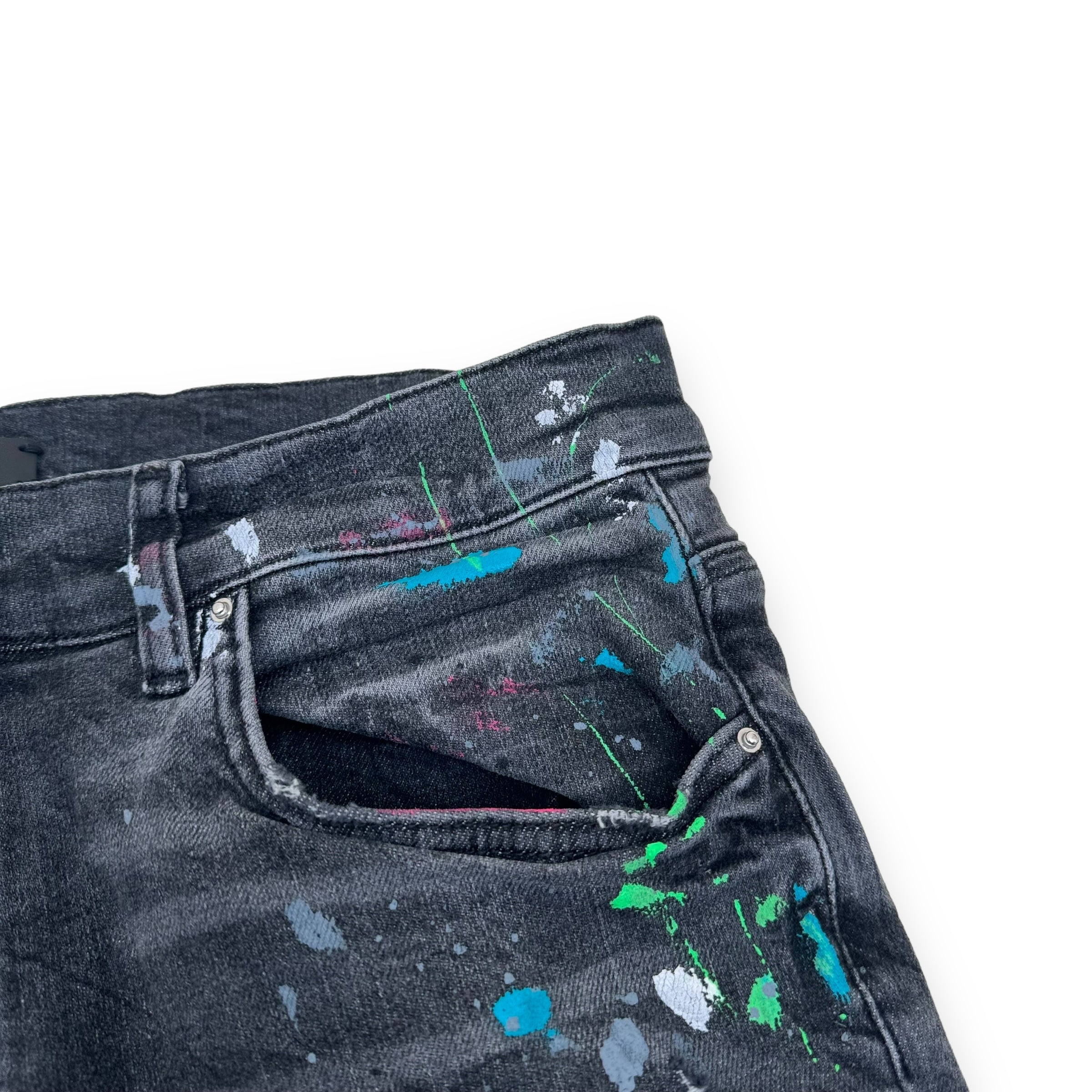 AMIRI PAINT SPLATTER MX1 DISTRESSED DENIM JEANS BLACK 34W
