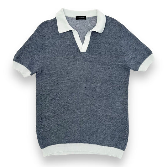 THOM SWEENEY COTTON / LINEN CONTRAST KNITTED POLO SHIRT BLUE / WHITE M