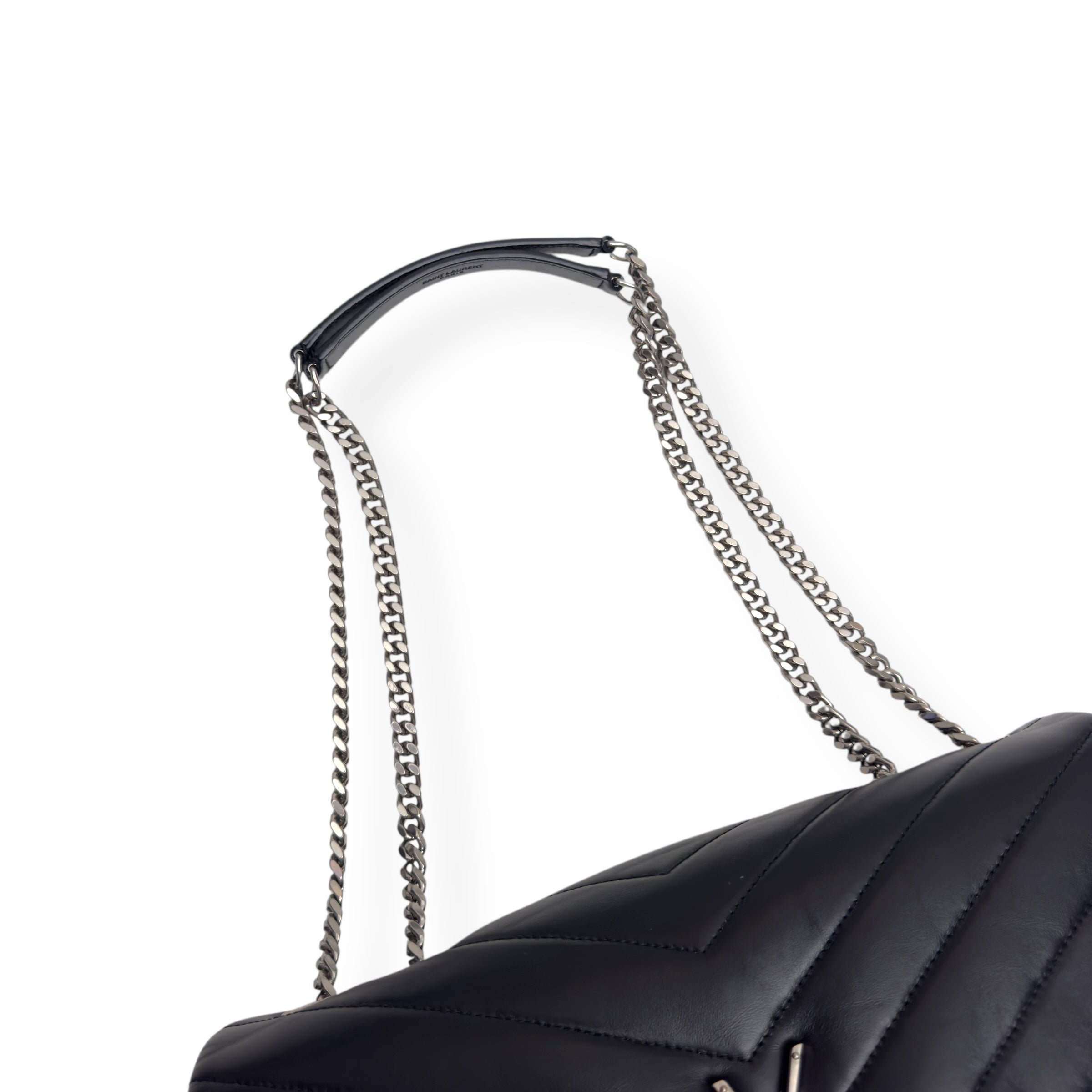 SAINT LAURENT LOULOU QUILTED LEATHER SHOULDER BAG BLACK / SILVER M