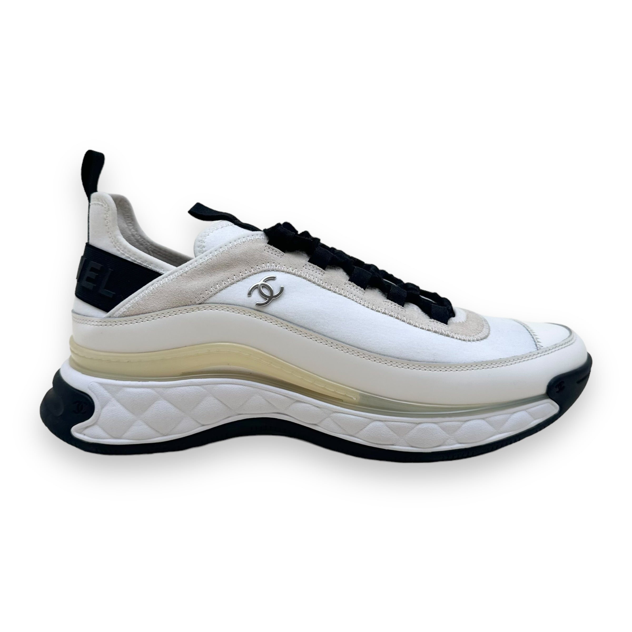 CHANEL NEOPRENE / LEATHER CC LOW TOP SNEAKER WHITE / IVORY UK9