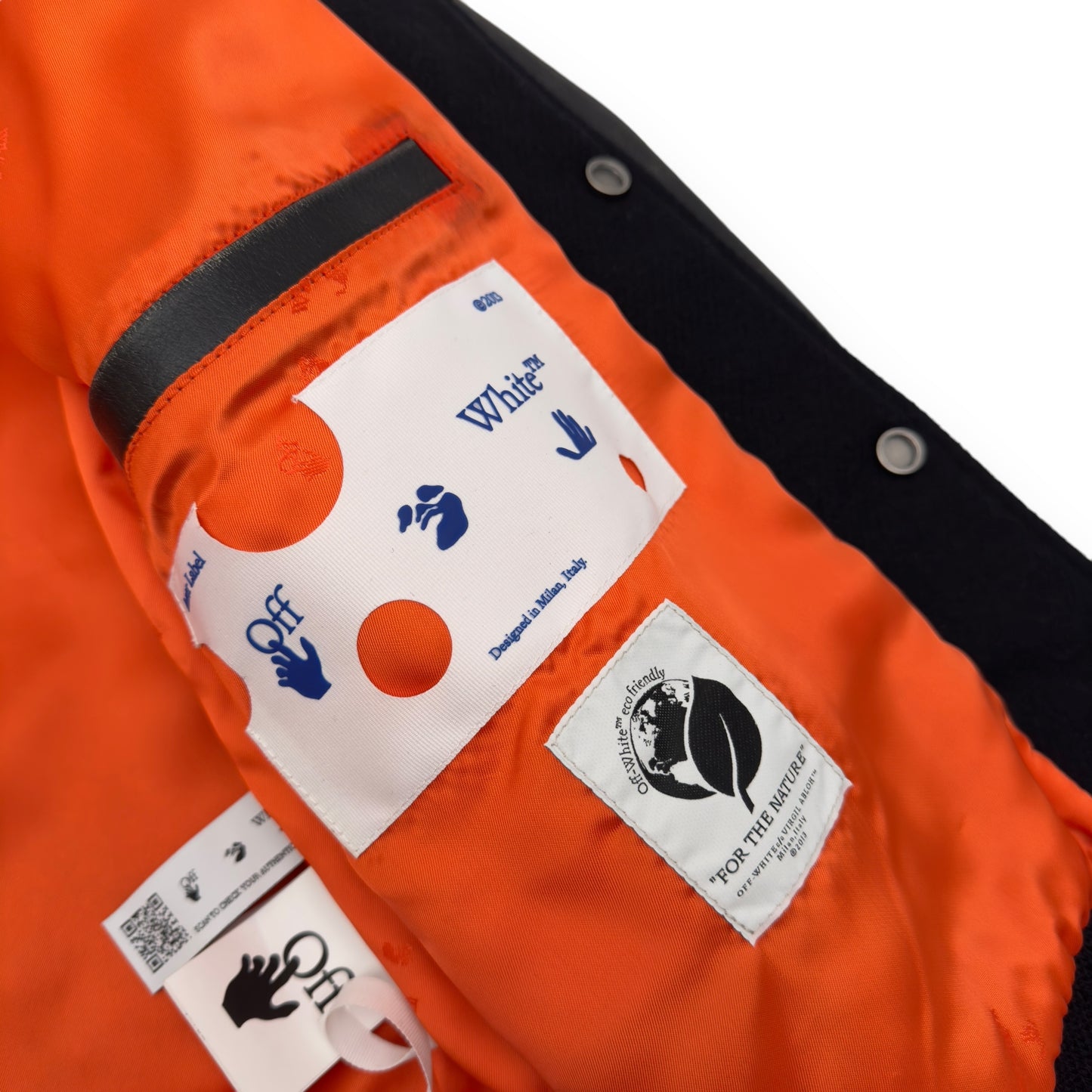 OFF-WHITE OW PATCH LEATHER SLEEVE VARSITY JACKET BLACK / ORANGE S